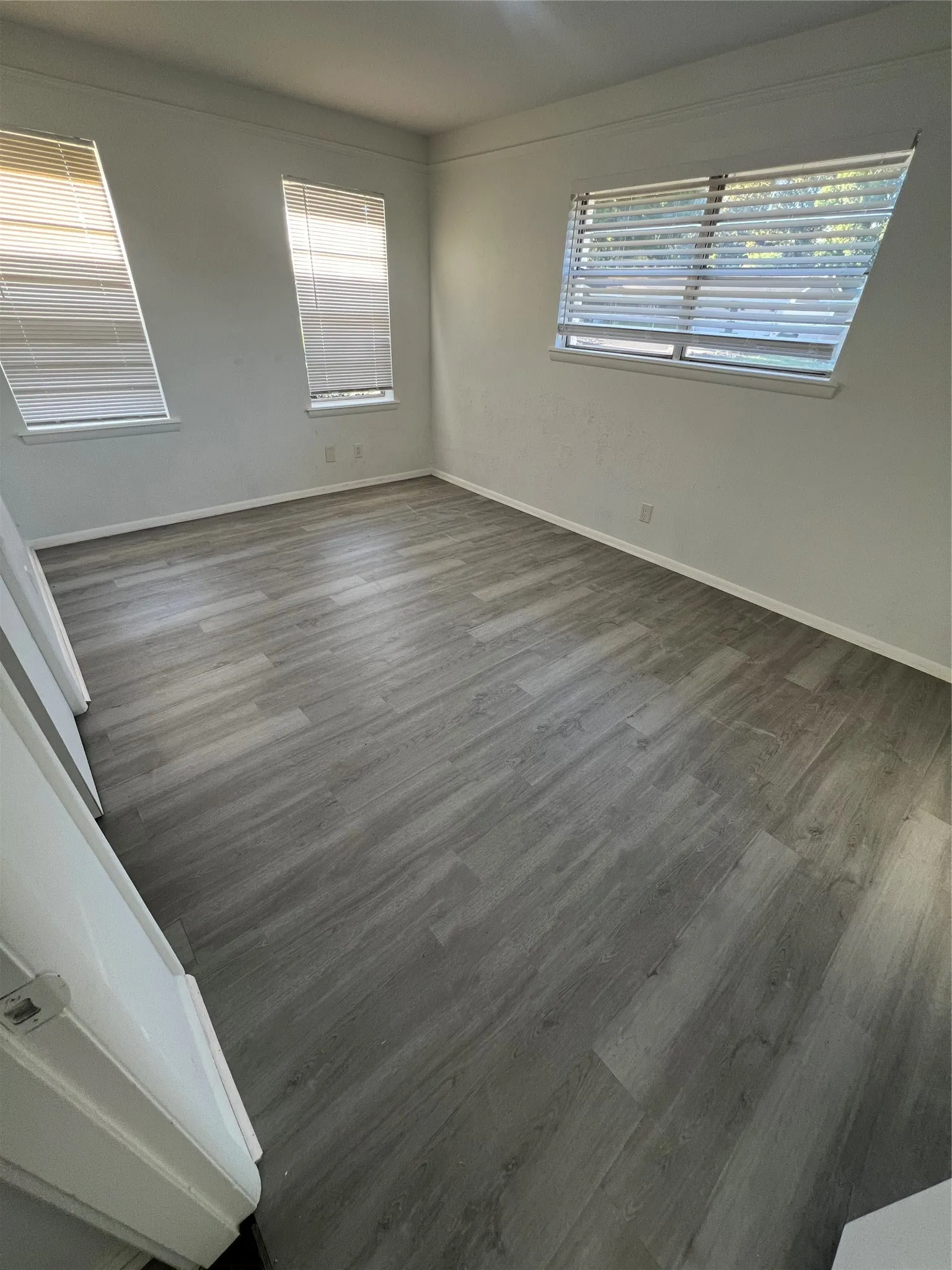 Interior space featuring wood-finish flooring, neutral wall tones, and three windows equipped with horizontal blinds