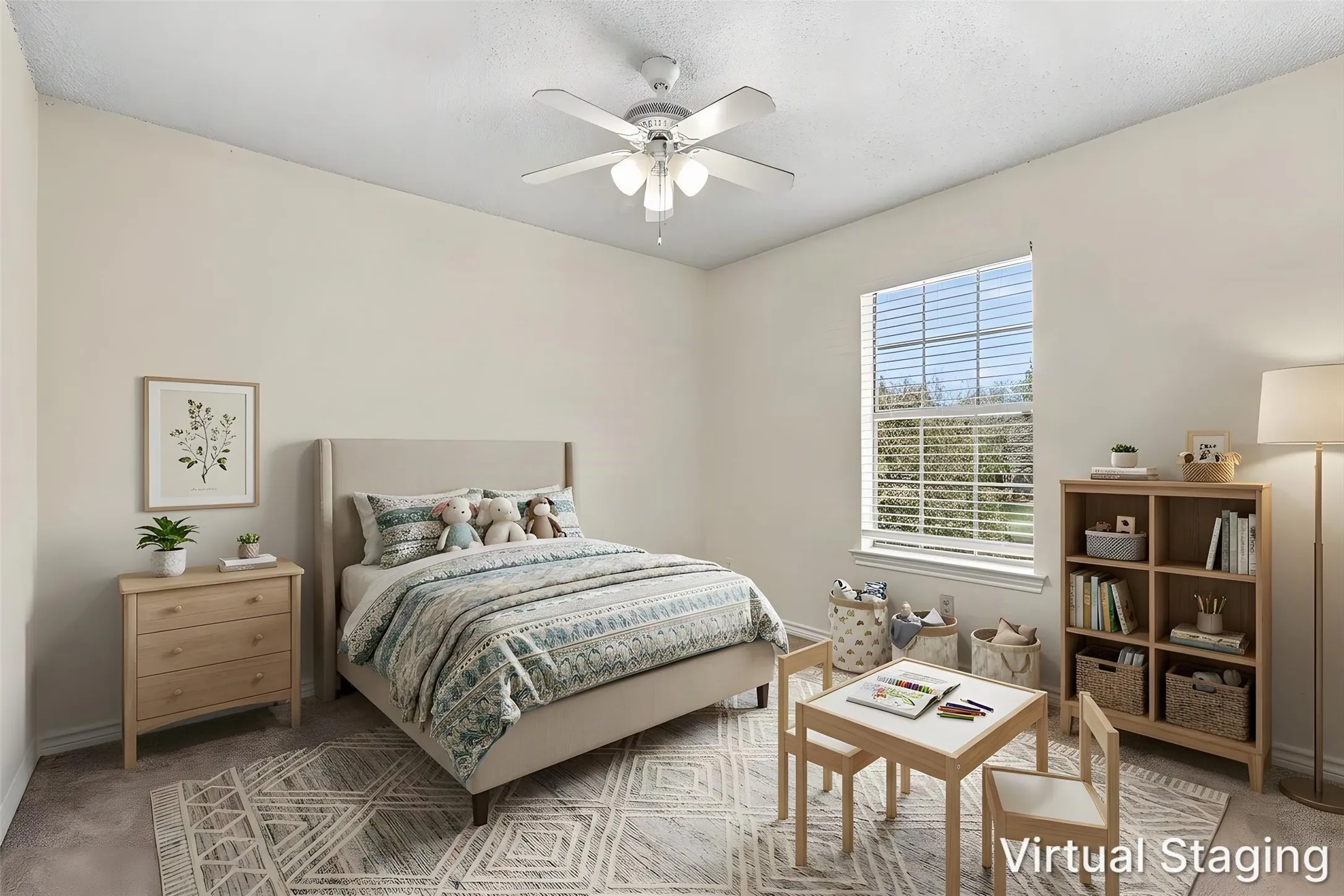 Neutral-toned interior space featuring wall-to-wall carpeting, a multi-pane window, and a central ceiling fan with integrated lighting