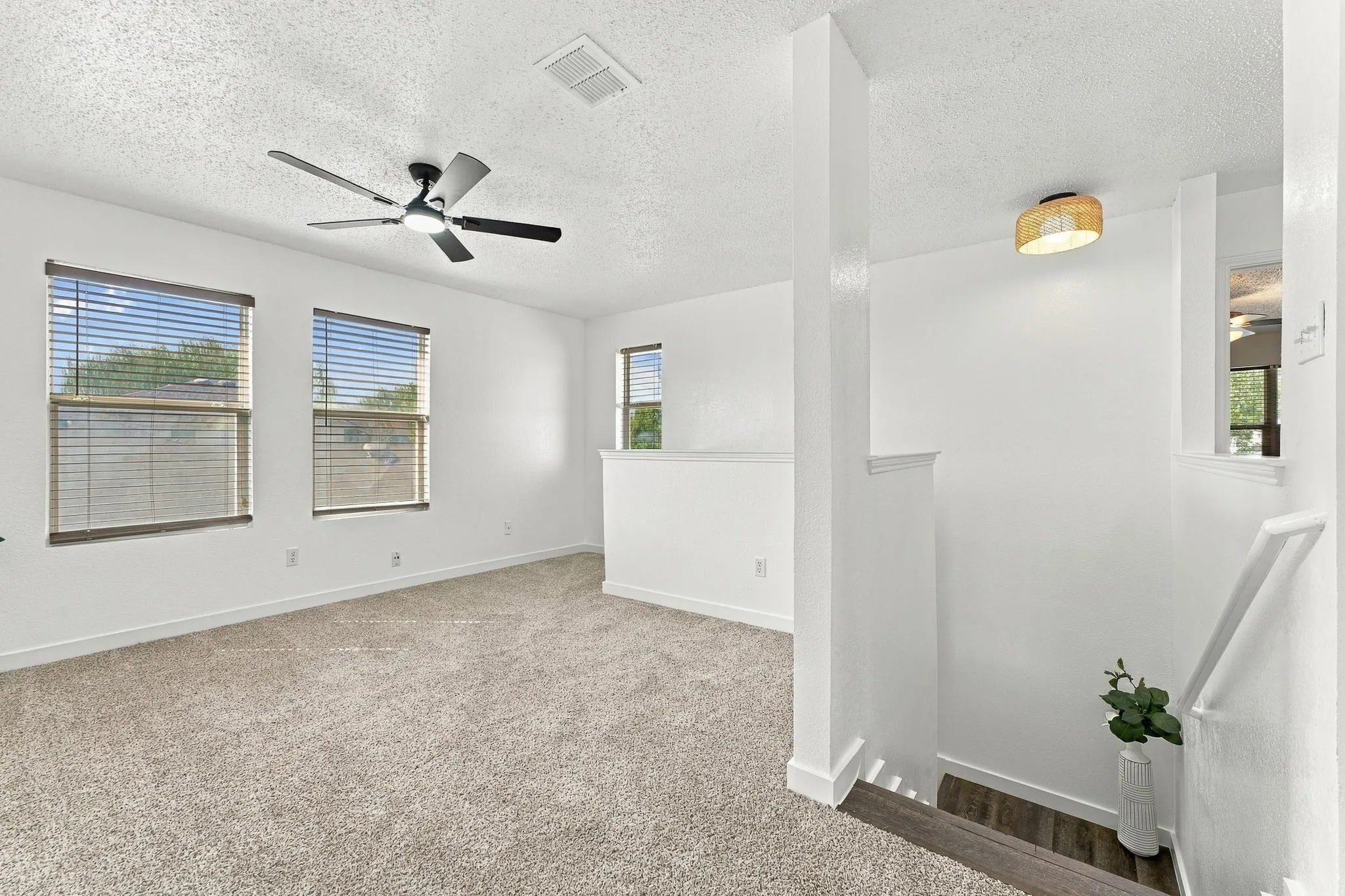 Neutral-toned wall-to-wall carpeting, three multi-pane windows with horizontal blinds, a matte black multi-blade ceiling fan, and a woven drum light fixture