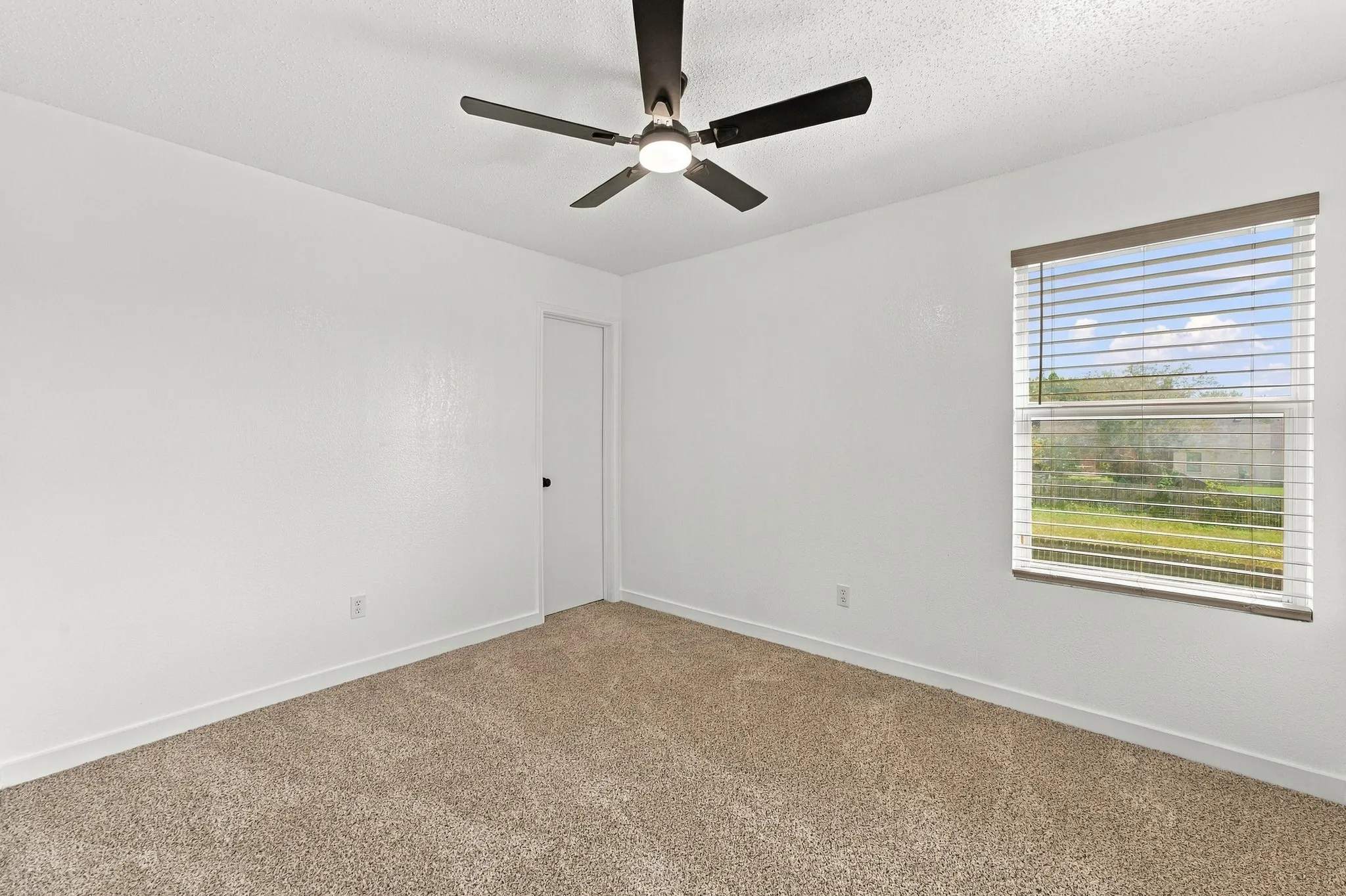Neutral wall paint, plush carpeting, ceiling fan with integrated lighting, and horizontal window blinds