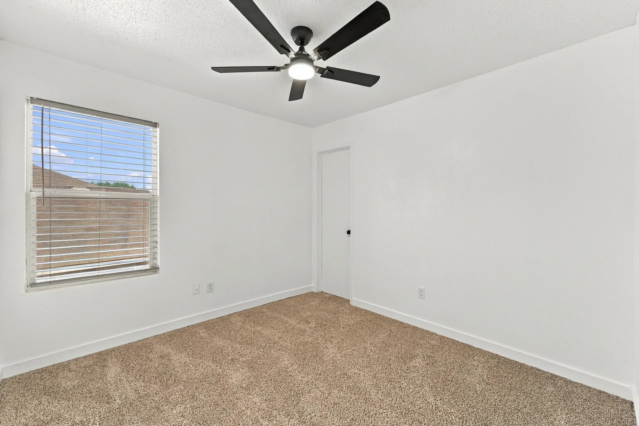 Neutral interior featuring carpeting, a multi-blade ceiling fan with integrated lighting, and a single-pane window with horizontal blinds