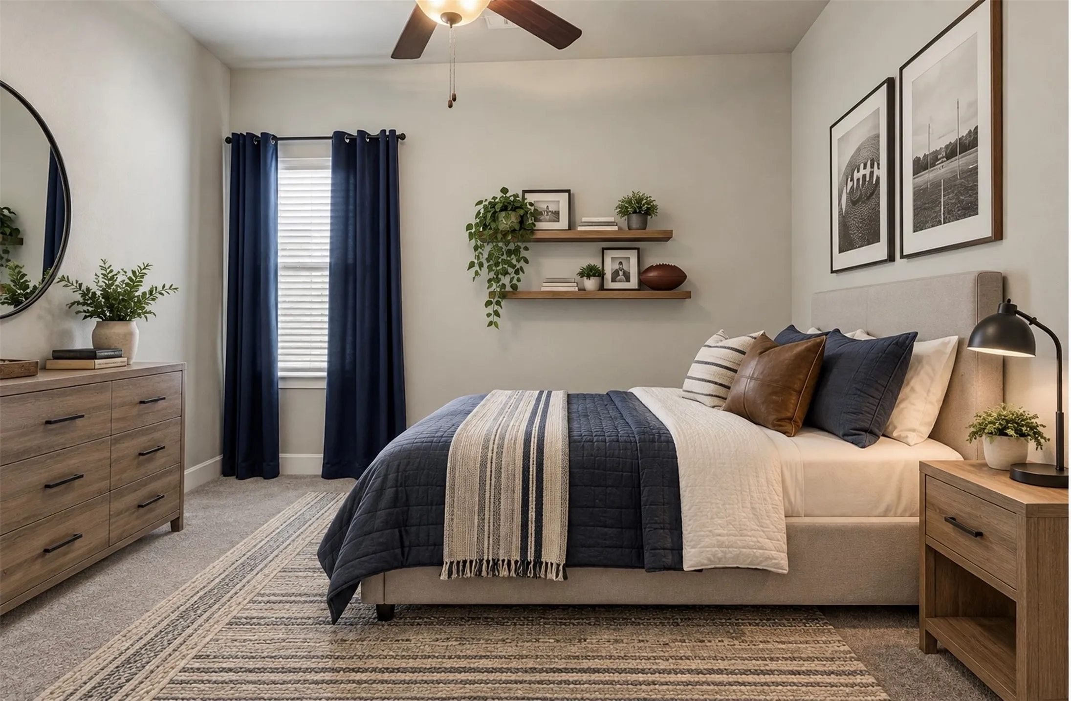 Neutral-toned carpeted flooring, wall-mounted floating shelves, and a ceiling fan with integrated lighting