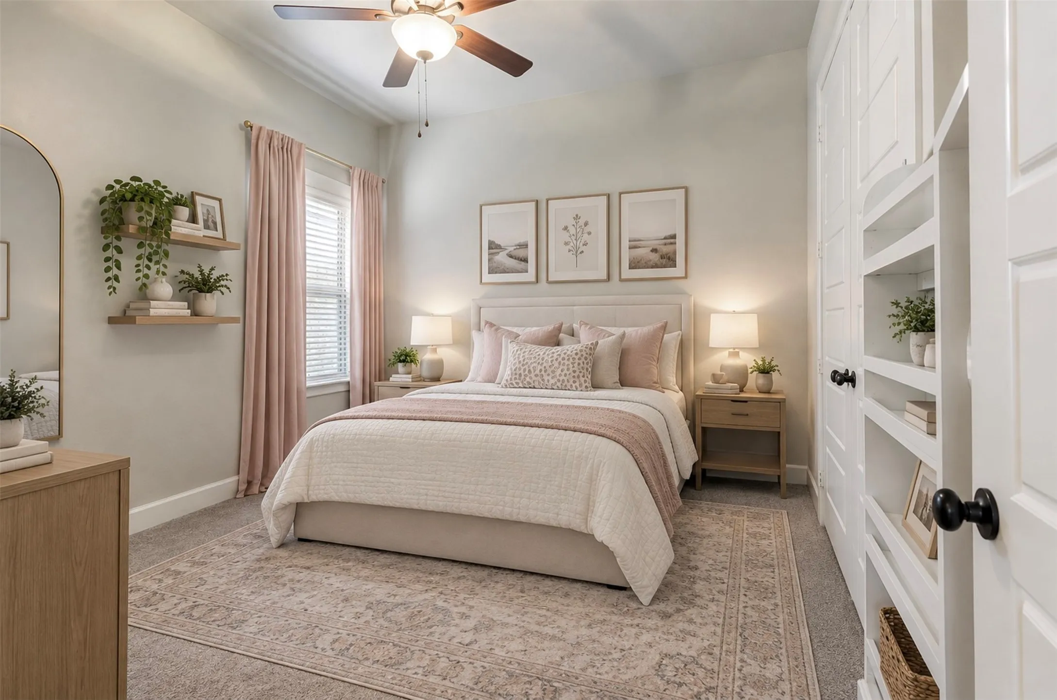Bedroom featuring high ceilings, a ceiling fan with integrated lighting, built-in shelving, carpeted flooring, and a single-hung window