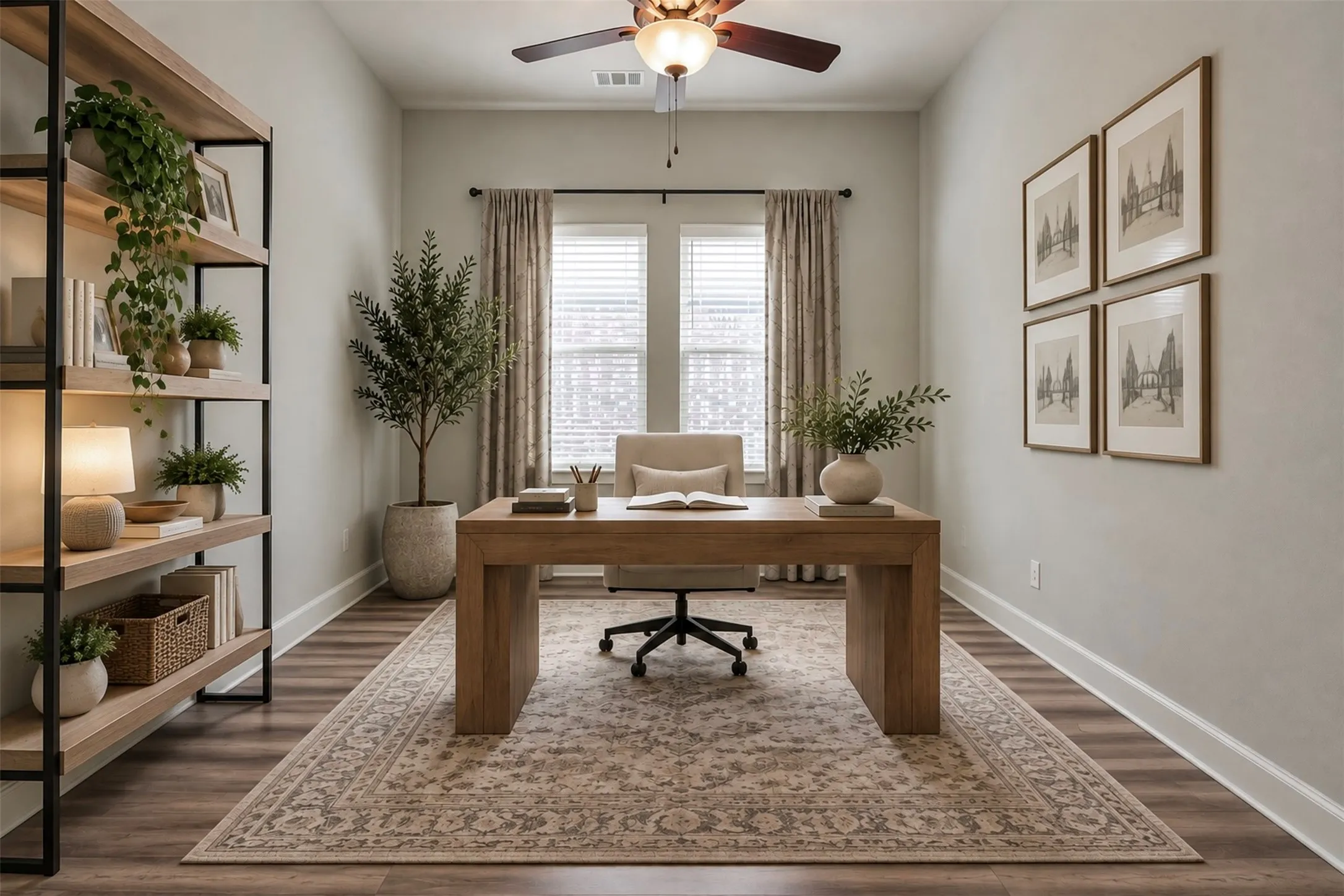 Wood-finish flooring, built-in metal and wood-finish shelving, and a ceiling fan with integrated lighting