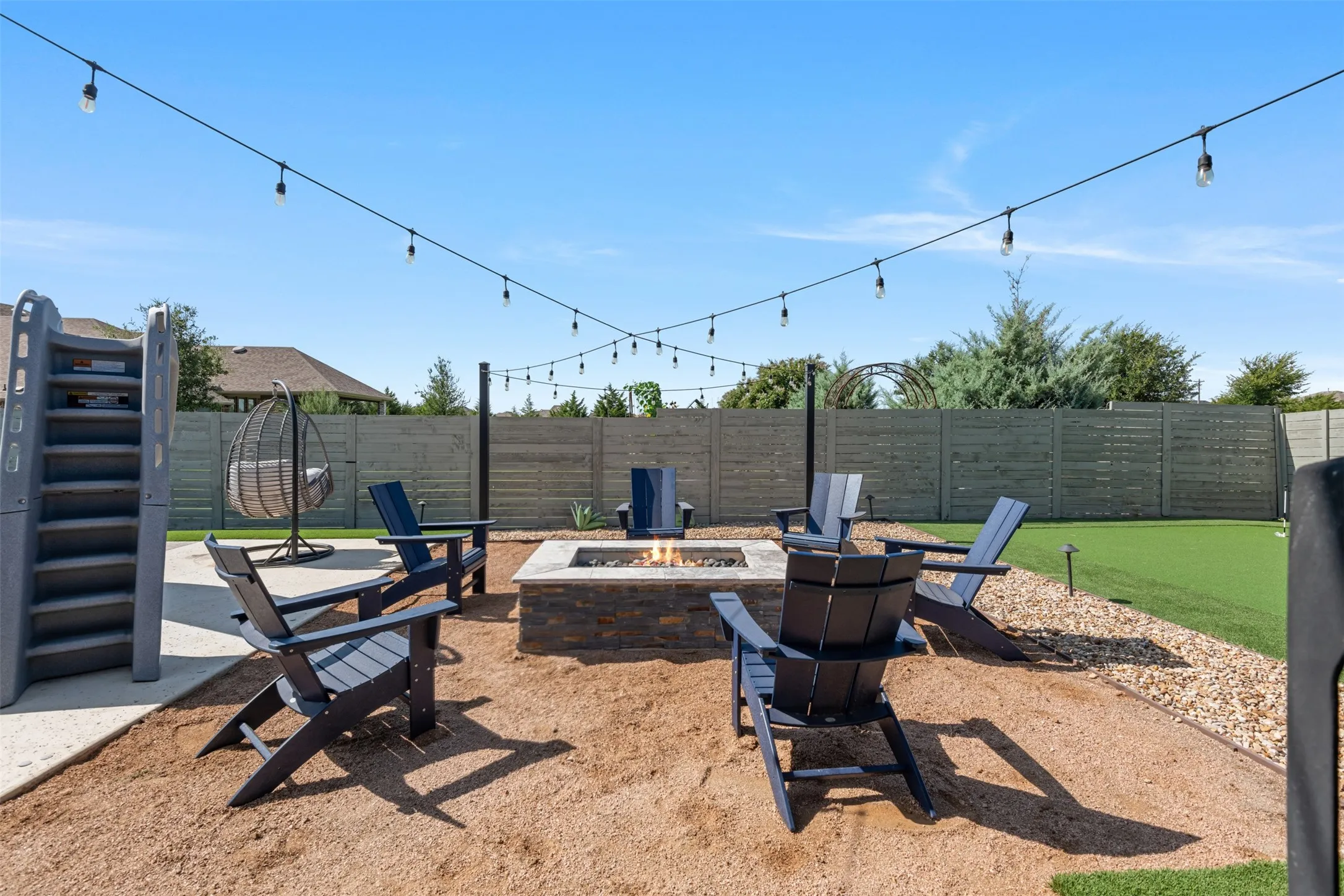 Firepit with crushed granite and lighting
