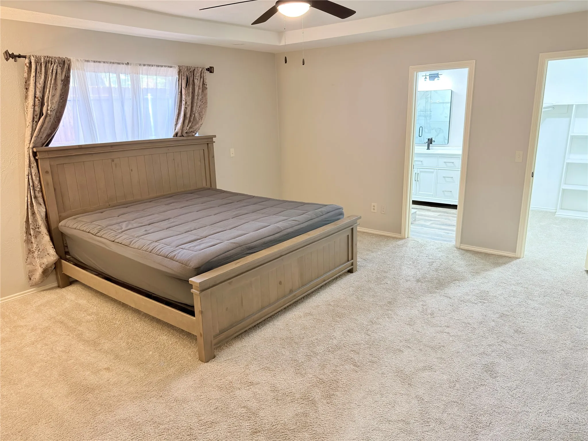 Bedroom featuring a tray ceiling, wall-to-wall carpeting, and a ceiling fan, with entryways revealing an en-suite bathroom vanity and a built-in shelving unit
