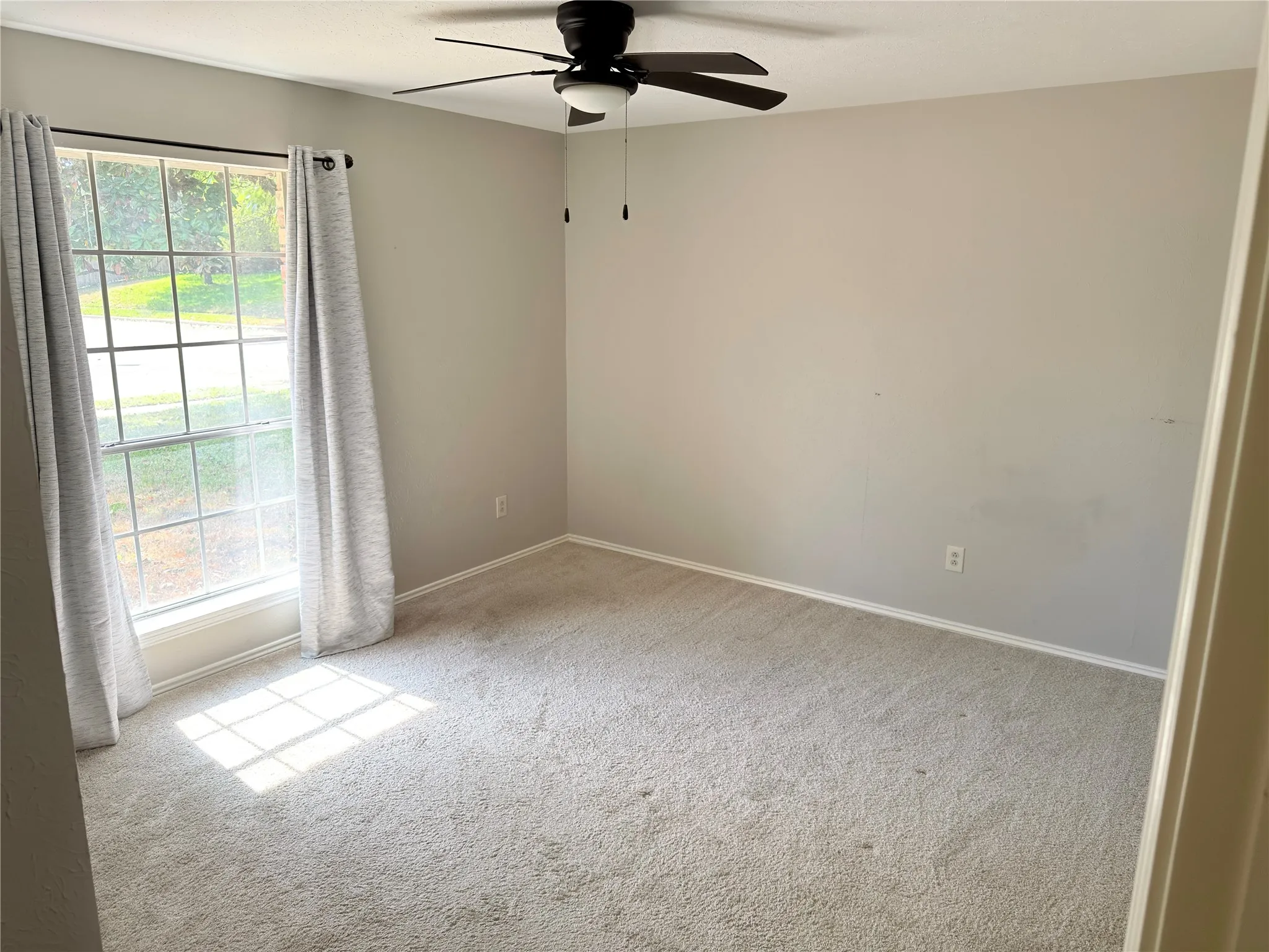 Neutral-toned interior featuring wall-to-wall carpeting, a multi-pane window with grid detailing, and a black ceiling fan with an integrated light fixture
