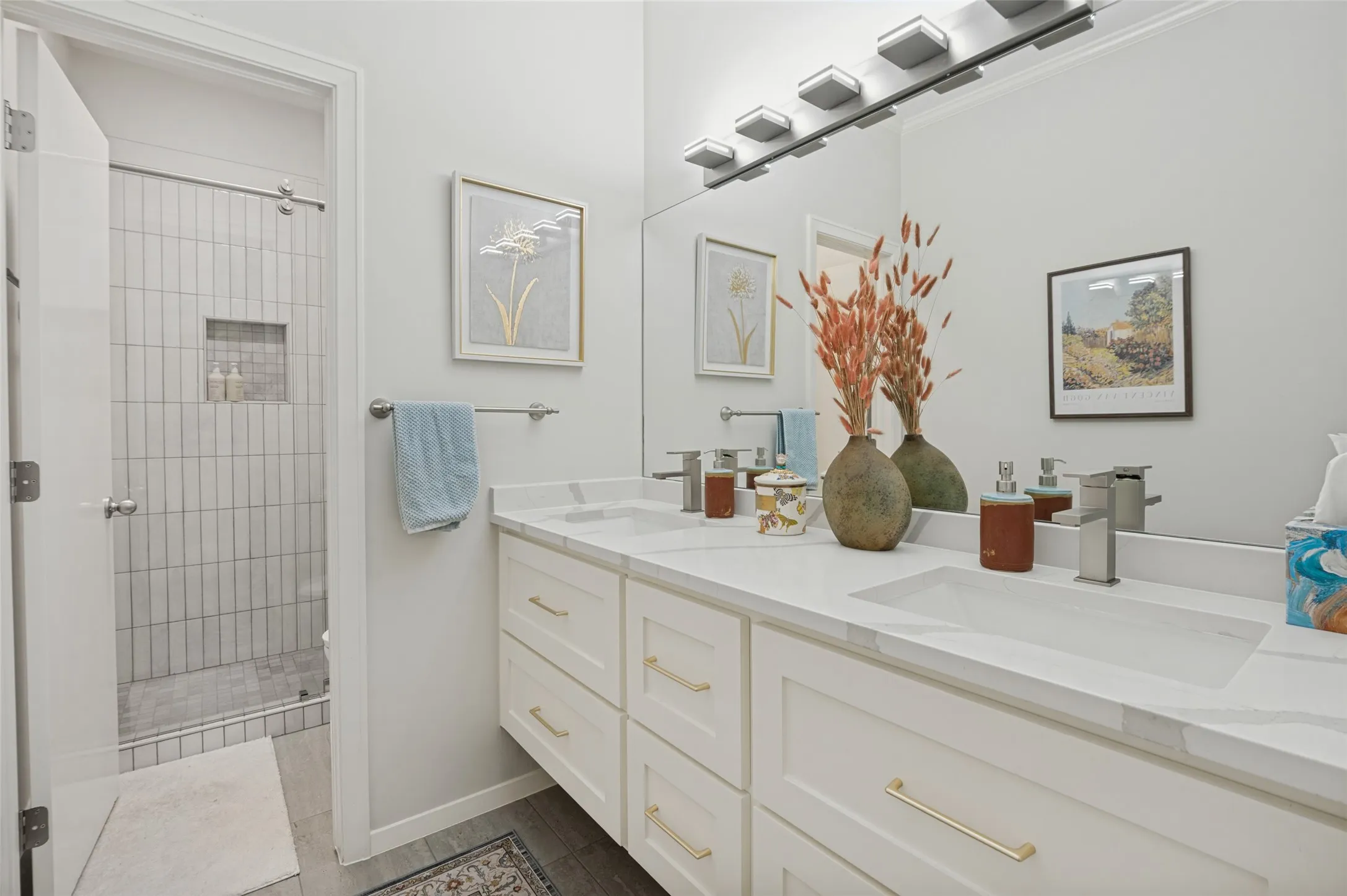 Hall bathroom with quartz counter custom vanity and shower, completely updated in 2026