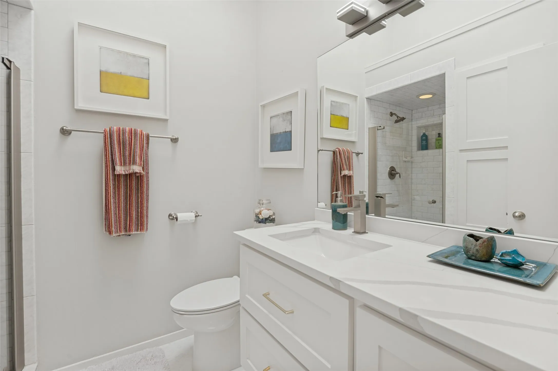 Pool bathroom updated in 2026 quartz counter and custom cabinet