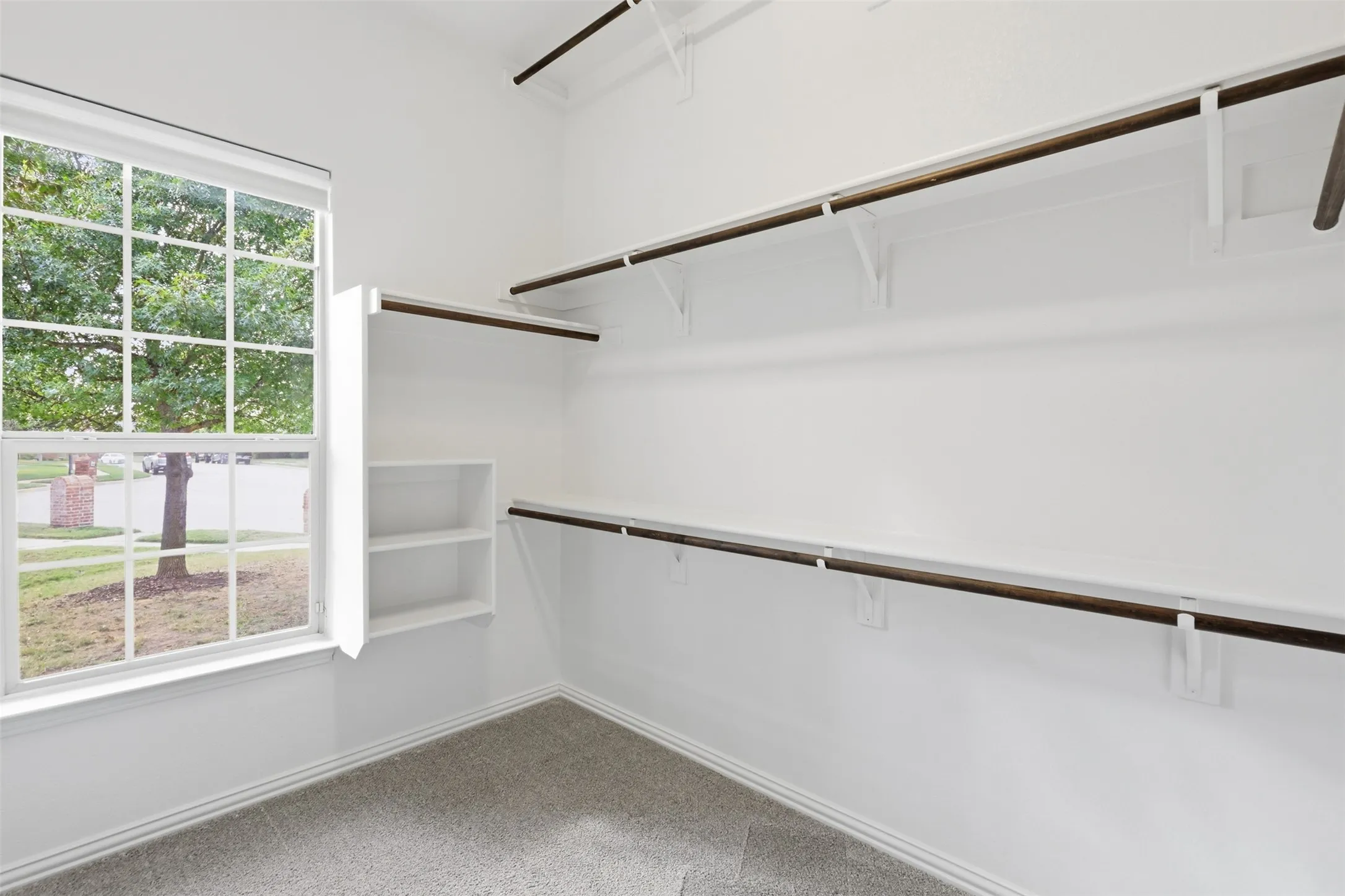 Storage space featuring tiered shelving, integrated clothing rods, and a multi-level built-in organizer, finished with neutral wall-to-wall carpeting and a window with natural lighting
