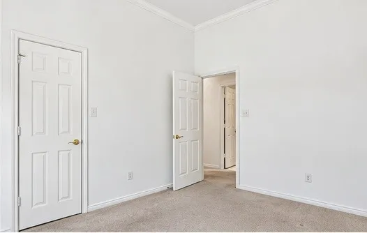 Neutral-toned wall-to-wall carpeting, six-panel interior doors with brass-finish hardware, and crown molding