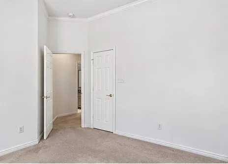 Neutral-toned carpeted flooring, six-panel interior doors, and crown molding
