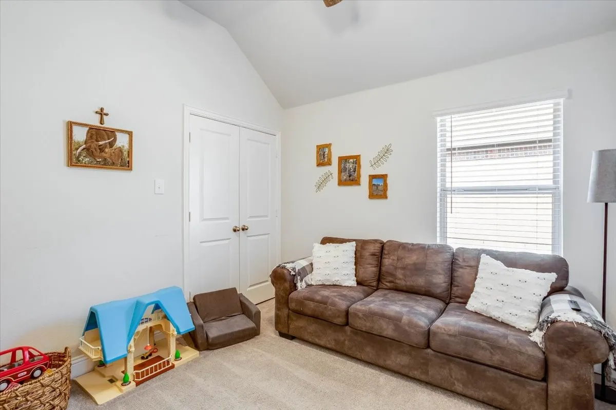 Vaulted ceiling, double-panel closet door, and horizontal window blinds