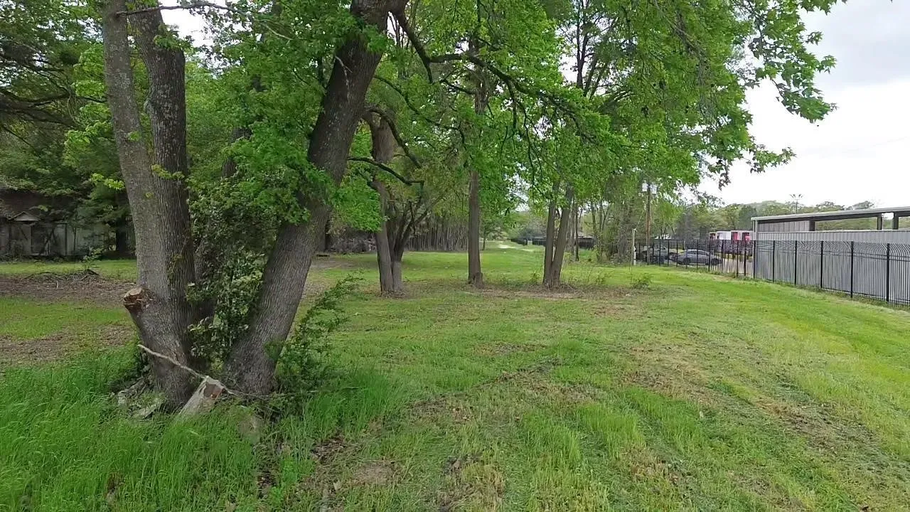 Expansive lot featuring mature trees, natural vegetation, and a metal perimeter fence