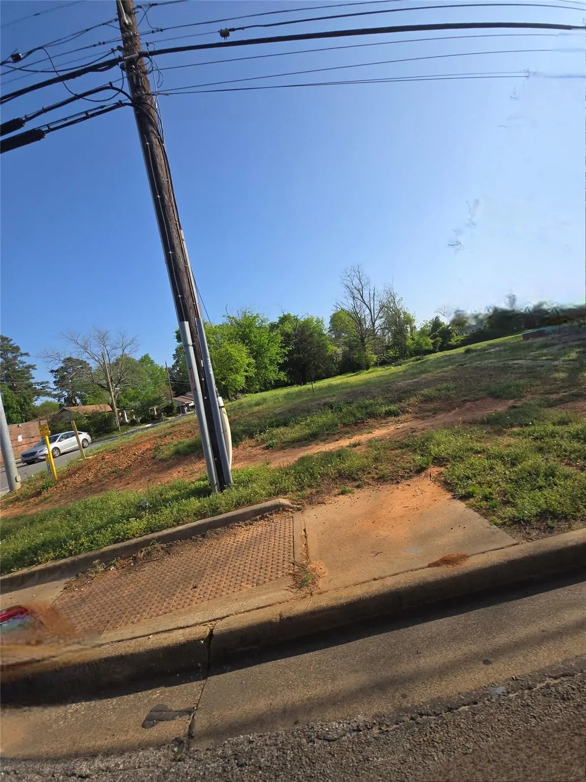 Vacant lot featuring a concrete curb, metal storm drain grate, and mature perimeter trees