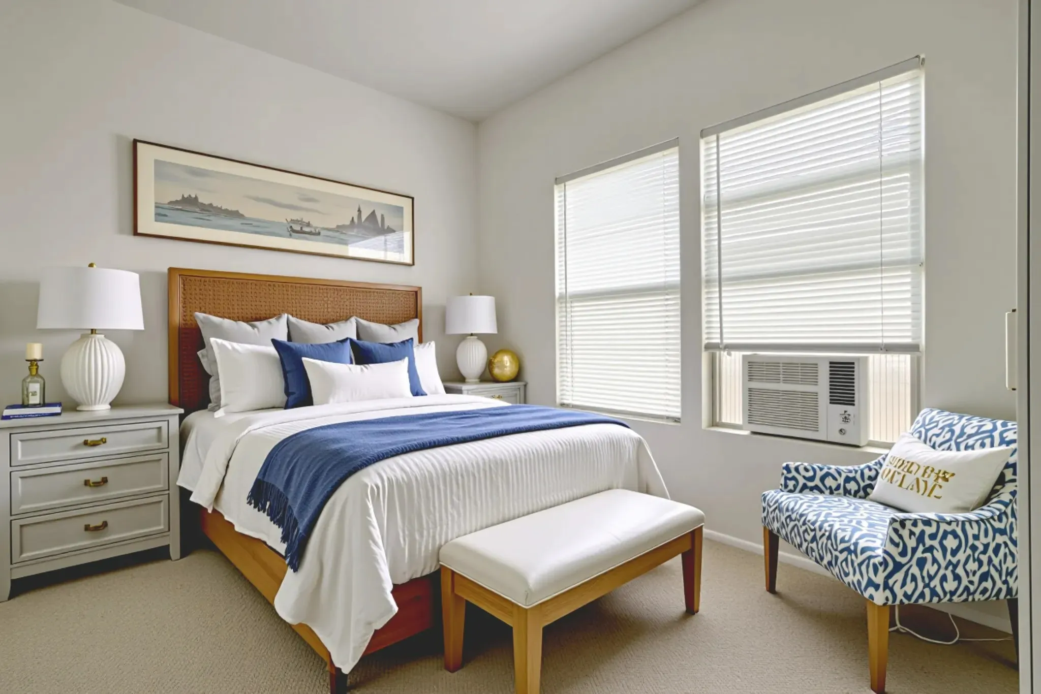 Neutral-toned room featuring wall-to-wall carpeting and two large windows with horizontal blinds