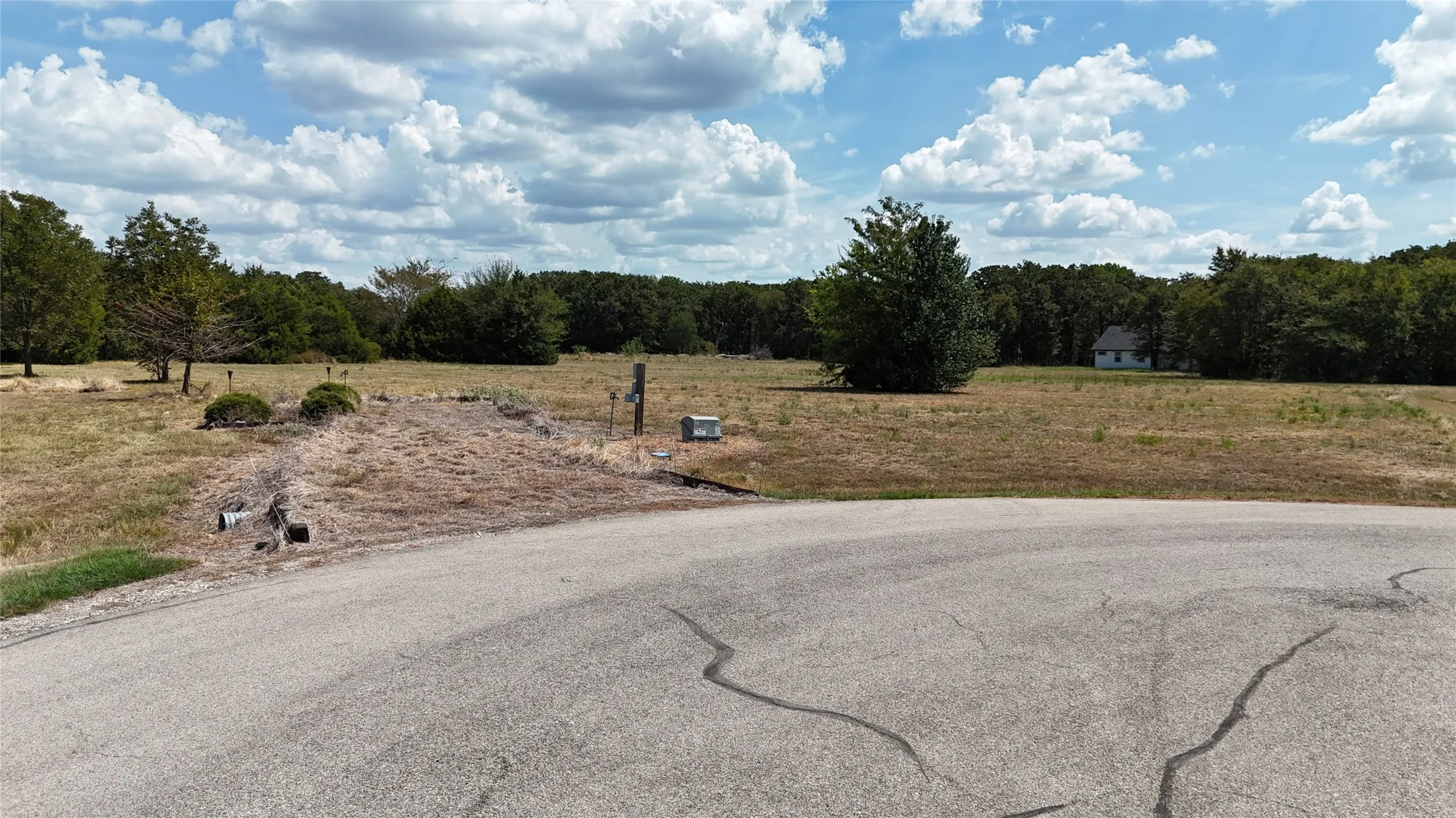 Expansive open land parcel featuring paved street access, utility connections, and mature perimeter trees
