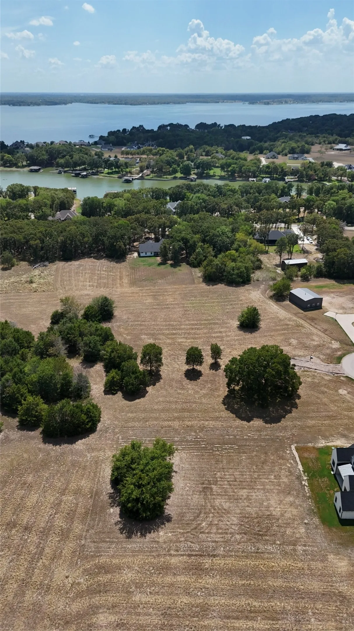 Expansive land parcel featuring open terrain, clusters of mature trees, and proximity to the shoreline