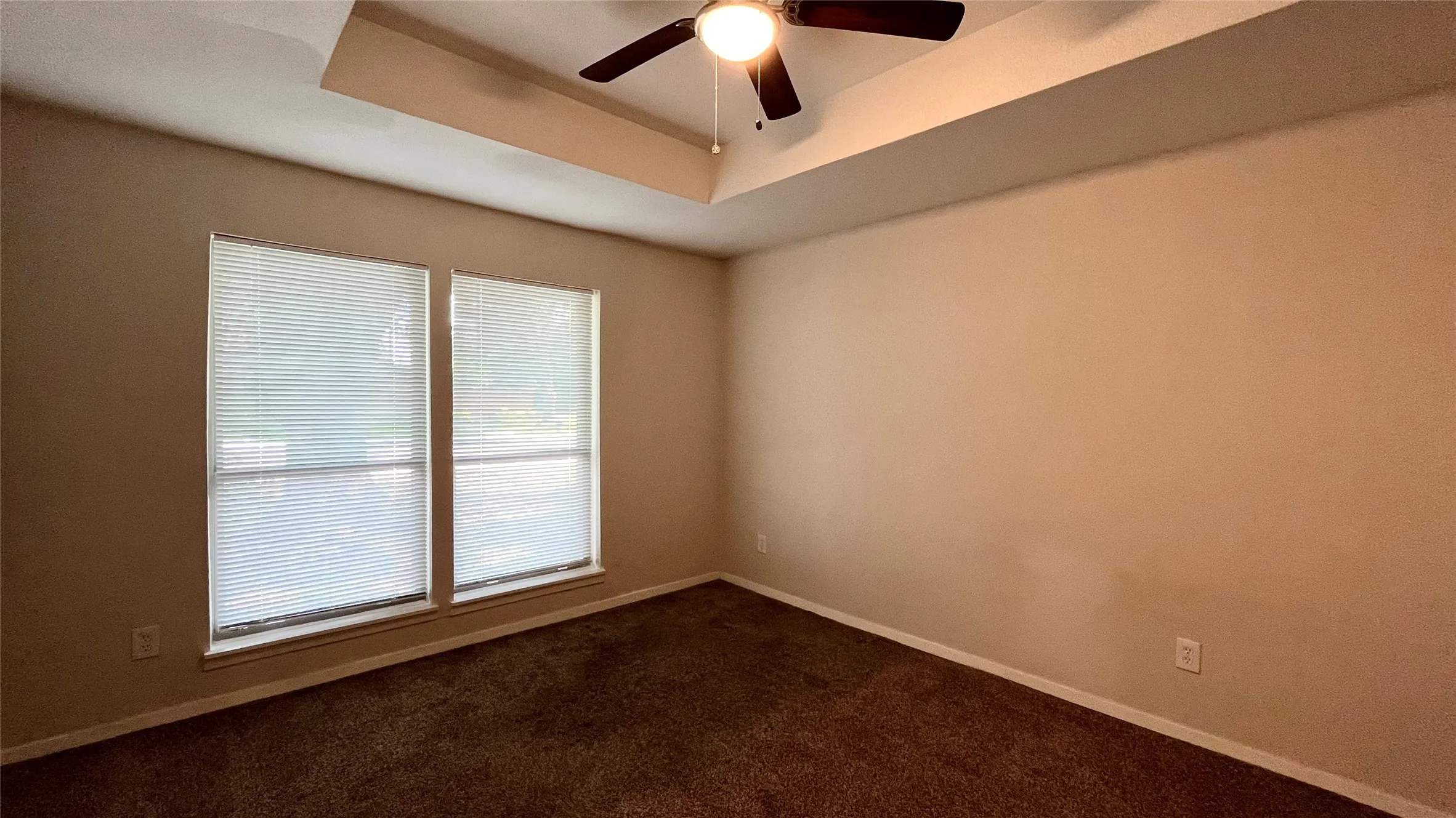 Room featuring a tray ceiling, ceiling fan with integrated lighting, dual windows with blinds, and wall-to-wall carpeting