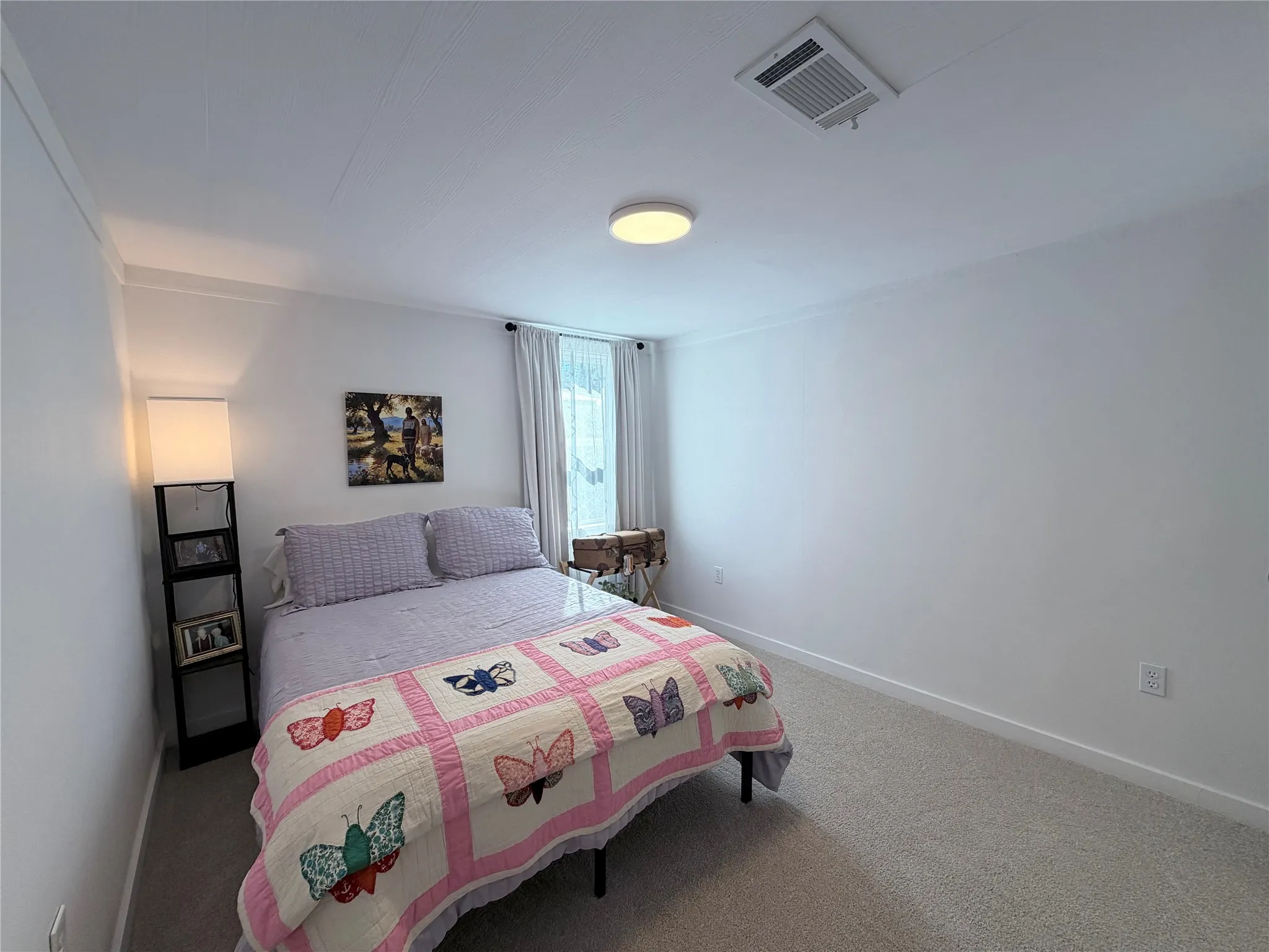 Neutral interior featuring plush wall-to-wall carpeting, crisp white wall finishes, and a flush-mount ceiling light fixture