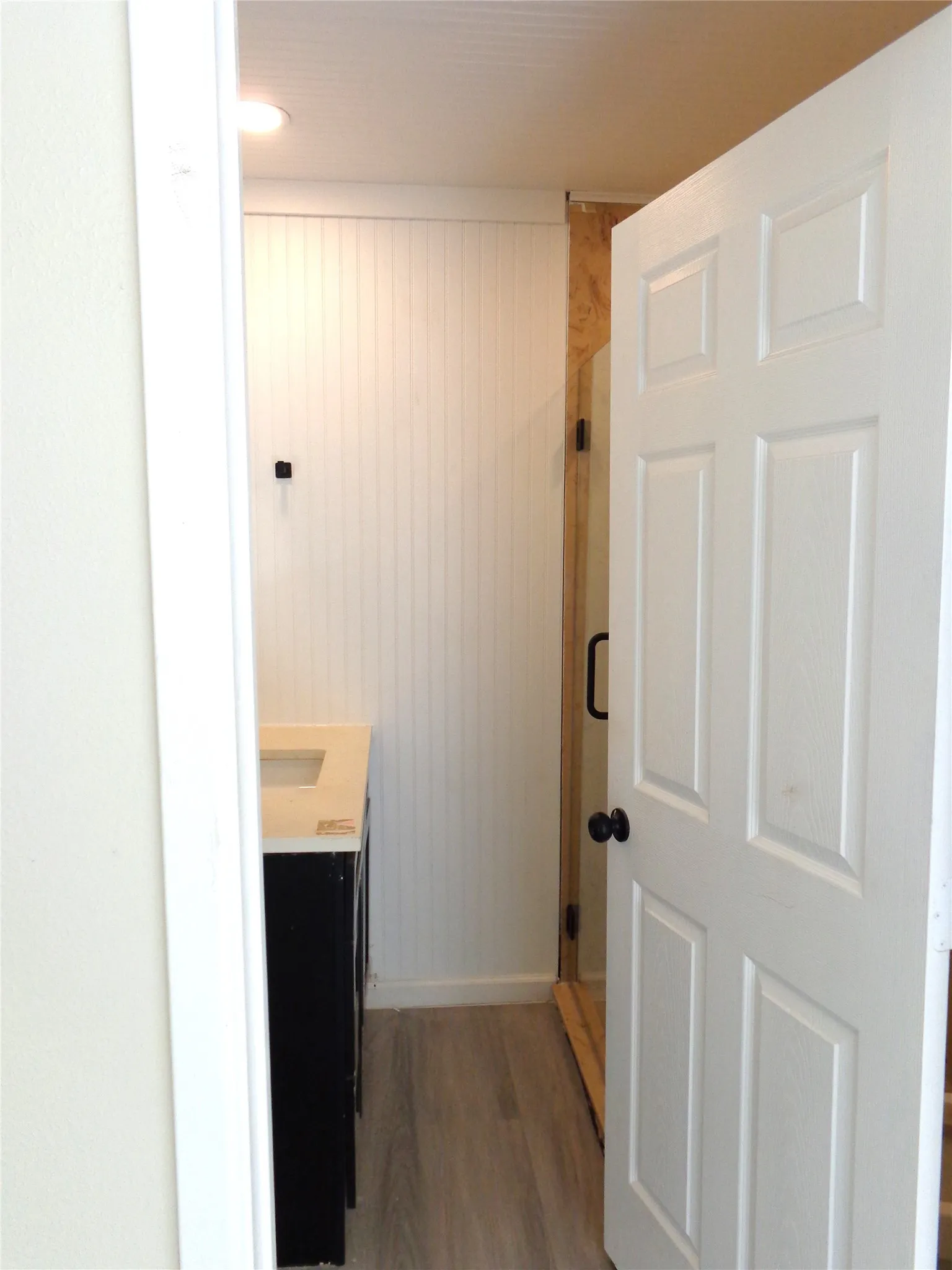 Bathroom featuring vertical beadboard paneling, wood-finish flooring, a vanity with a neutral countertop, and a six-panel door with matte black hardware