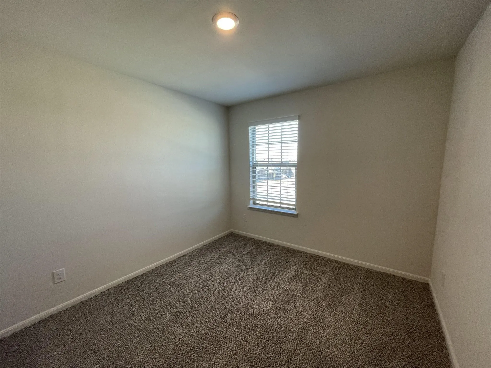 Neutral wall paint, textured carpeting, and a single-hung window with built-in blinds, complemented by a flush-mount ceiling light fixture