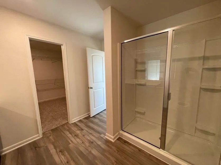 Bathroom featuring a glass-enclosed shower stall with integrated shelving, wood-finish flooring, and a walk-in closet with wire shelving