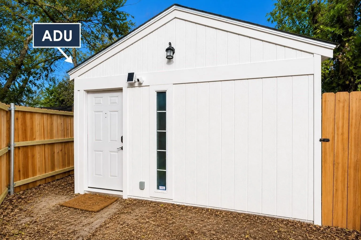 Detached accessory dwelling unit featuring white board-and-batten siding, a gable roofline, vertical fixed window, and exterior wall-mounted lighting