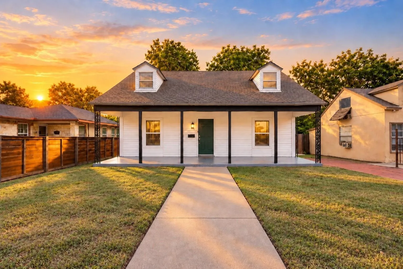 Exterior featuring white siding, a covered front porch with iron support columns, dual roof dormers, and a concrete walkway