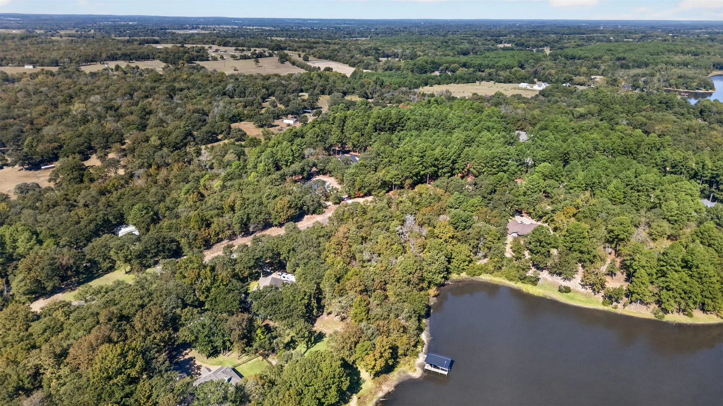 Aerial perspective featuring expansive wooded acreage, mature forest canopy, and direct waterfront access with a private boat dock