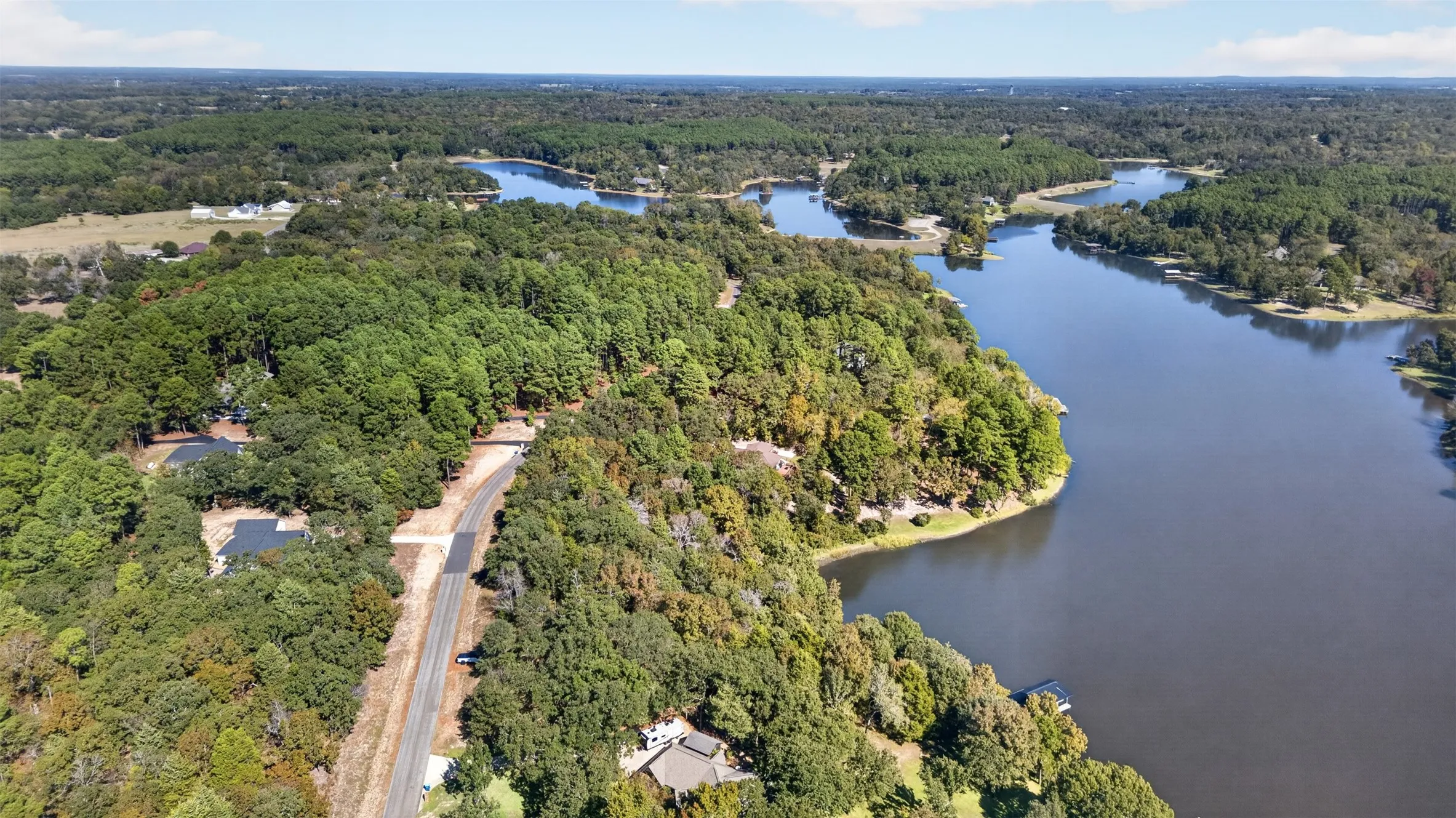 Aerial perspective featuring expansive waterfront acreage, mature tree canopy, and direct shoreline access