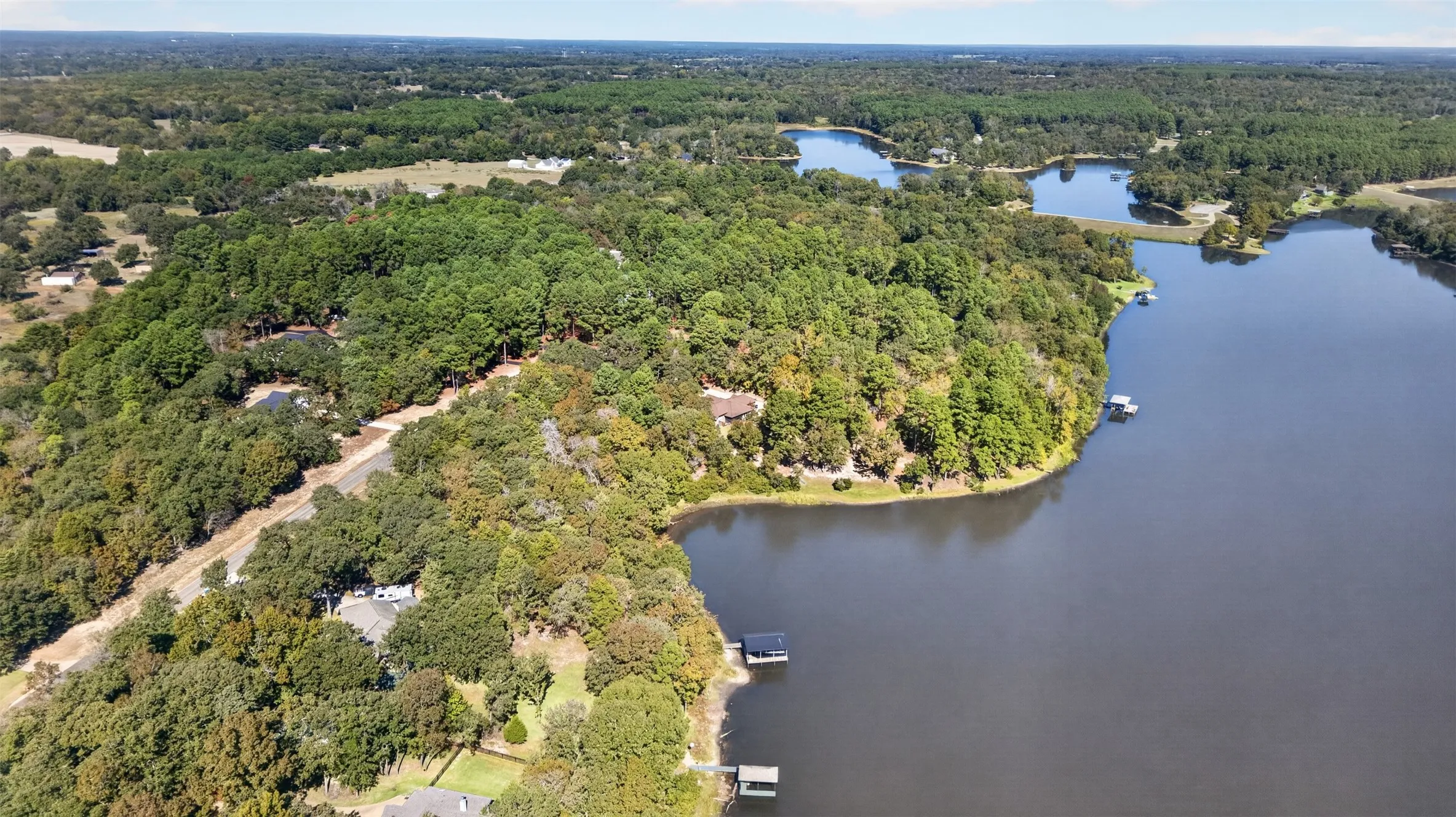 Aerial landscape featuring extensive wooded acreage, natural waterfront shoreline, and private dock structures