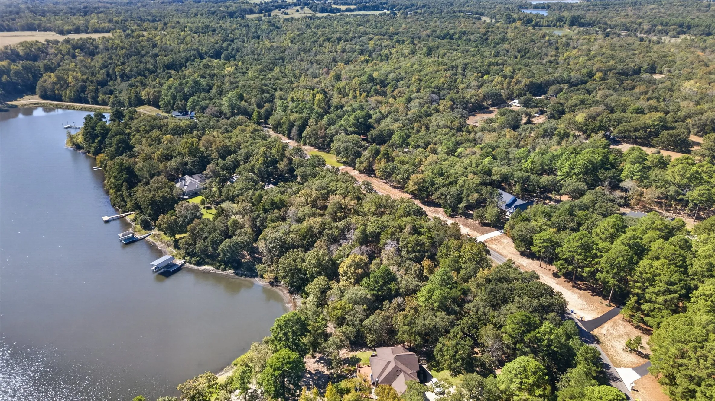 Aerial perspective featuring mature tree canopy, shoreline frontage, and private boat docks