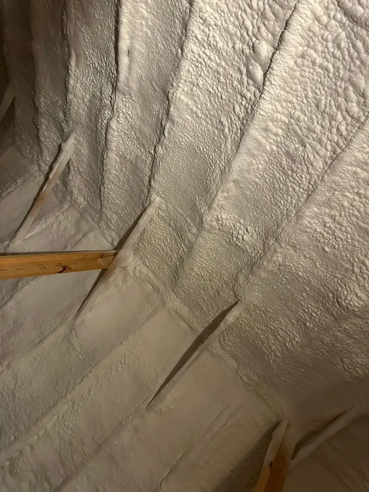 Applied spray foam insulation featuring complete cavity coverage and exposed wood rafters