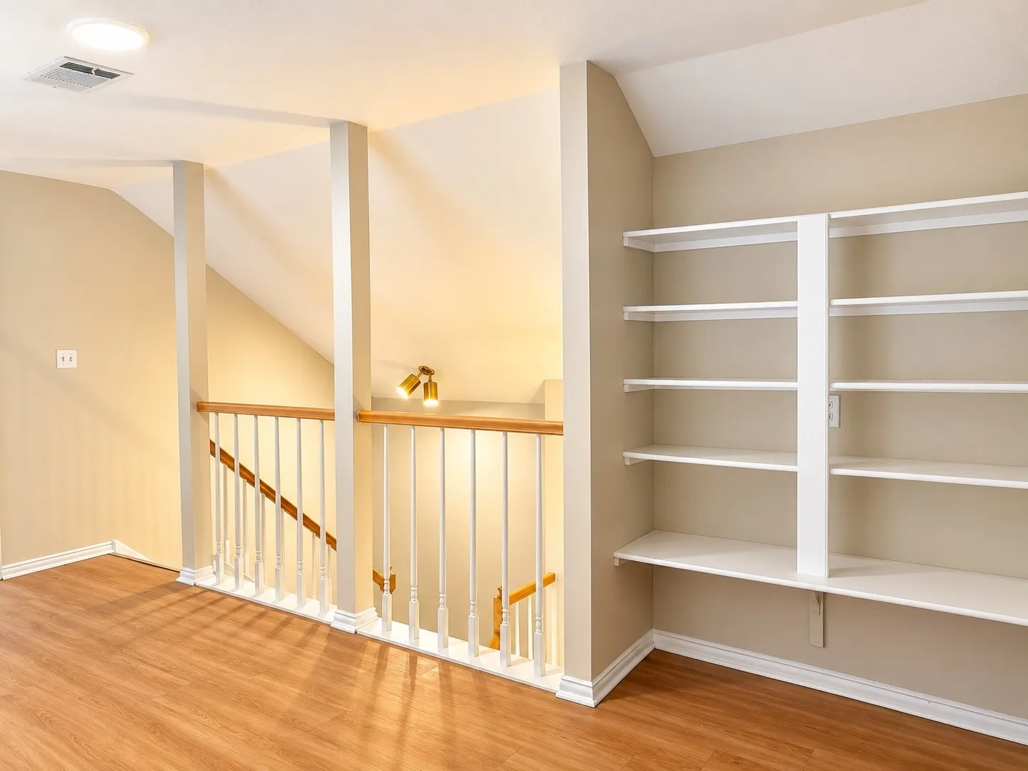 Built-in white shelving, wood-finish flooring, and a balustrade featuring white spindles with a natural wood-tone handrail