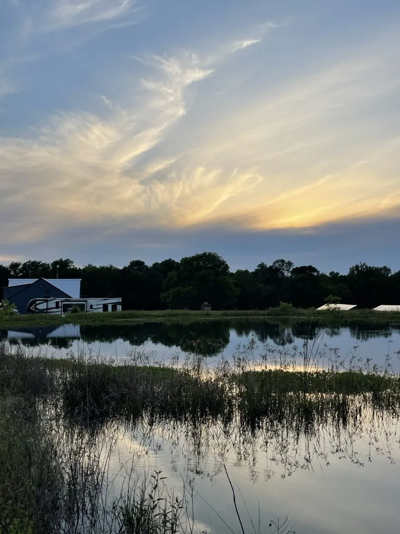 Property featuring a private pond, expansive grounds, mature trees, and a distant metal-sided structure