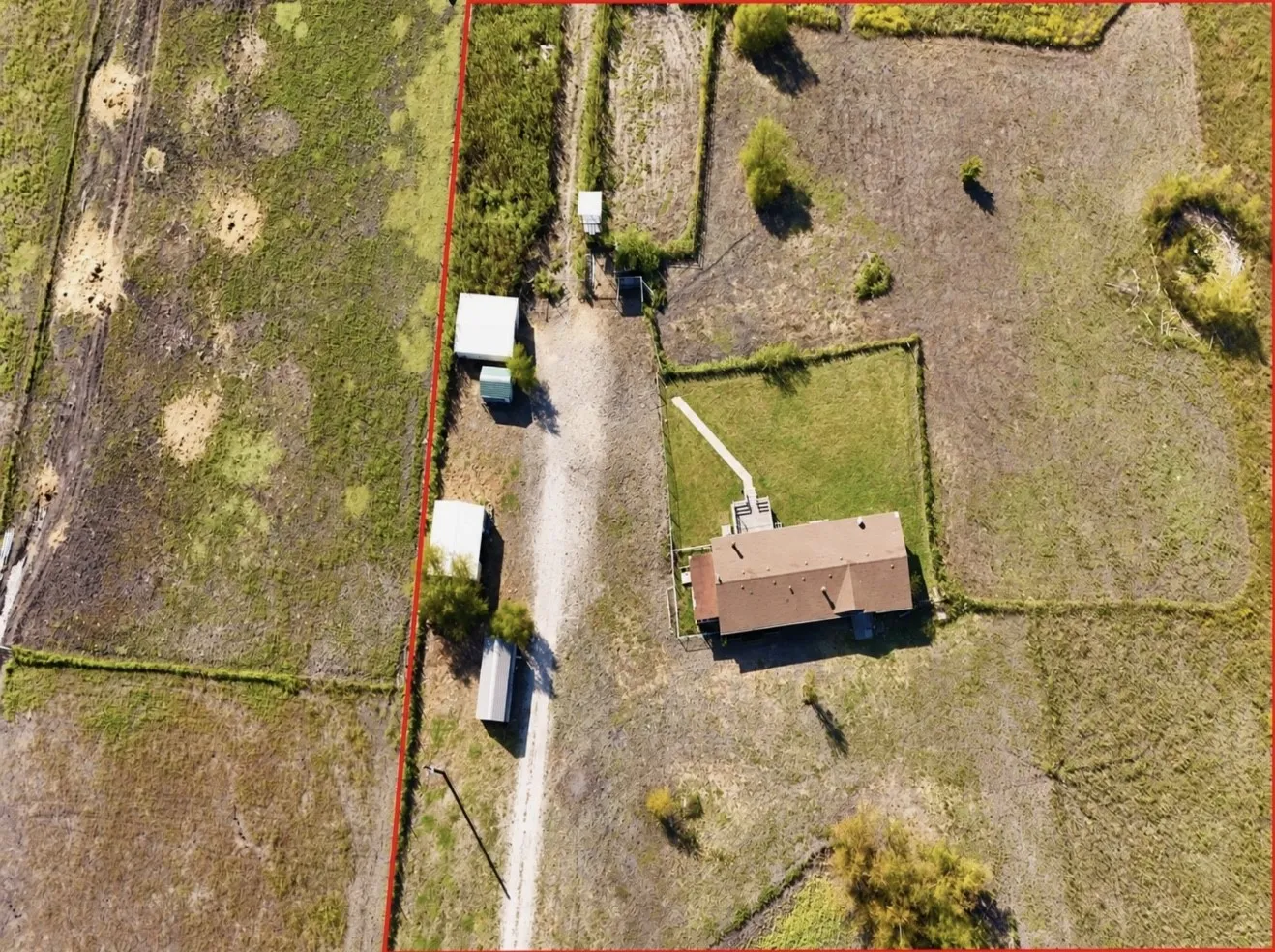 Aerial view featuring expansive acreage, a gravel driveway, multiple detached structures, and a residential building with a shingled roof
