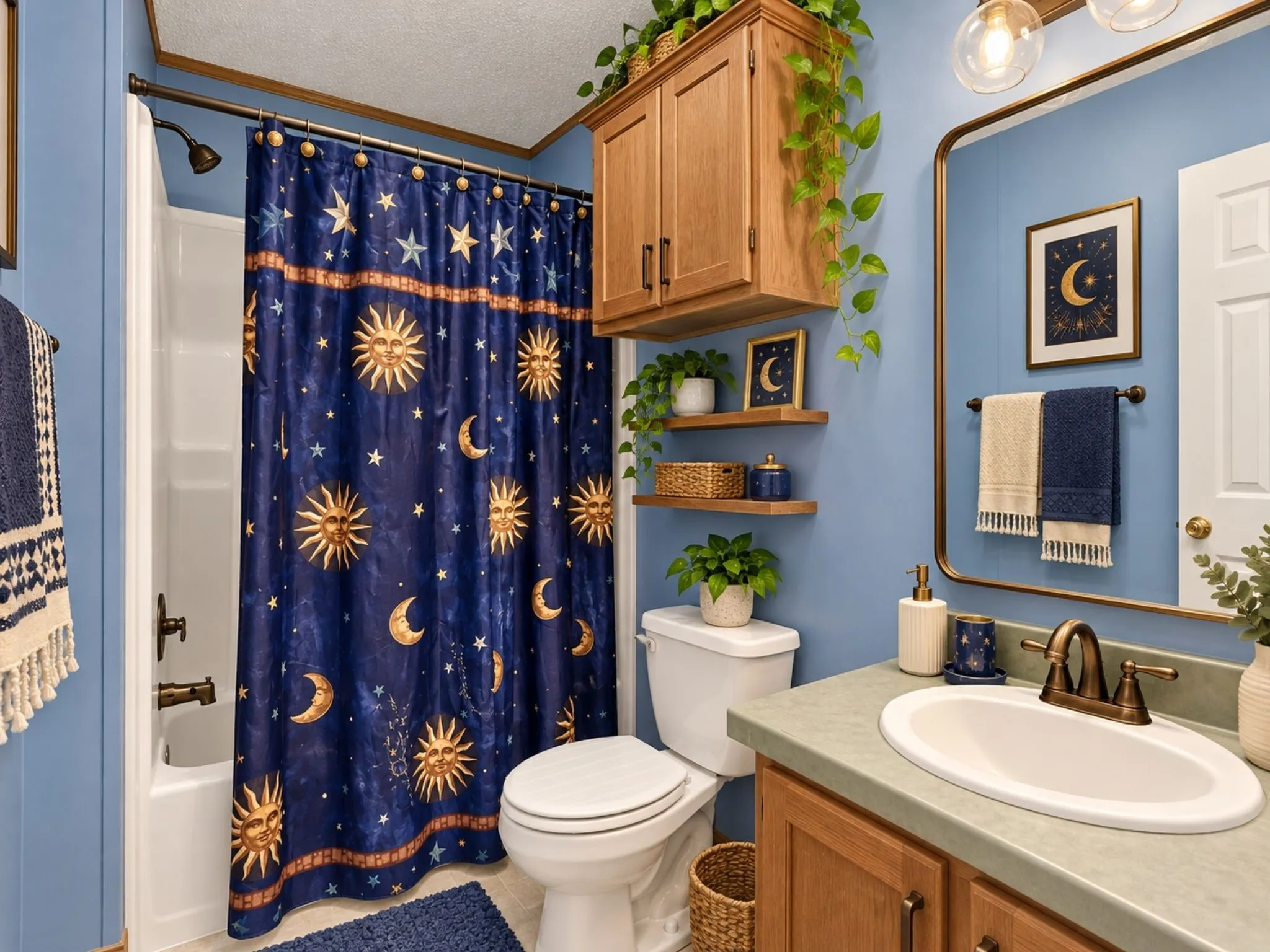 Bathroom featuring a composite countertop, wood-finish vanity cabinetry, wall-mounted wood shelving, tub-shower combination with matte hardware, and a framed mirror