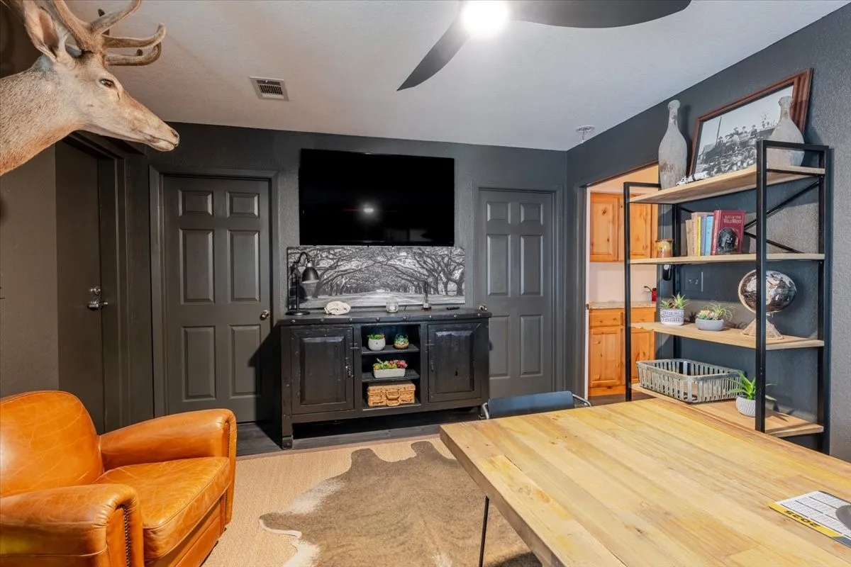 Interior space featuring dark-toned walls, six-panel solid core doors, and a matte black ceiling fan