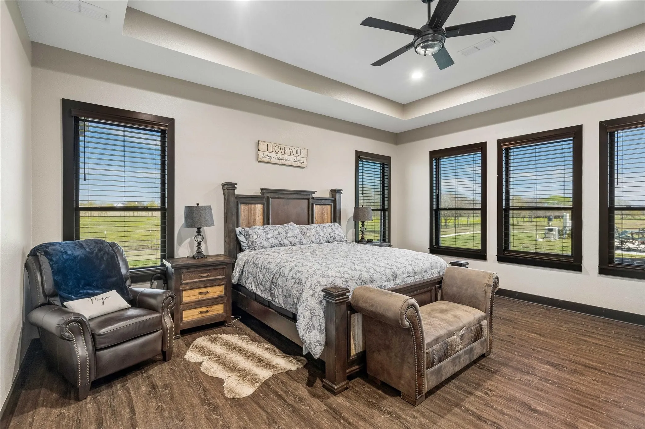 Tray ceiling with recessed lighting, dark wood-finish flooring, multi-pane windows with dark frames, and a ceiling fan
