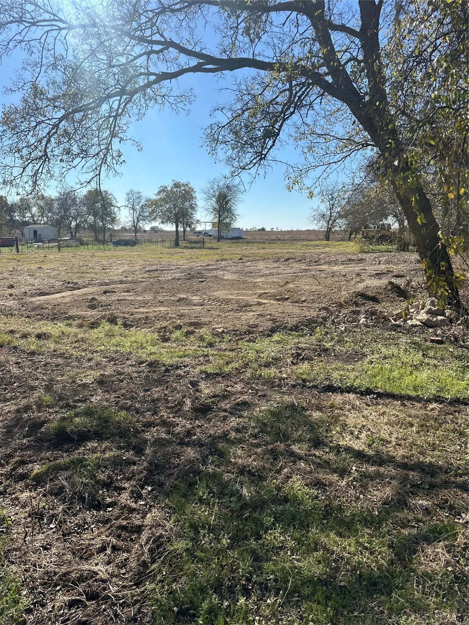 Expansive open land with cleared areas, mature trees, and a clear sky backdrop