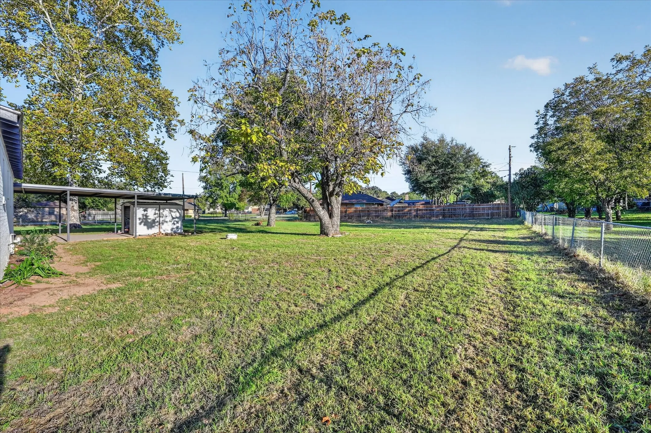 Expansive backyard featuring a metal-frame carport, a detached storage structure, mature trees, and perimeter chain-link fencing