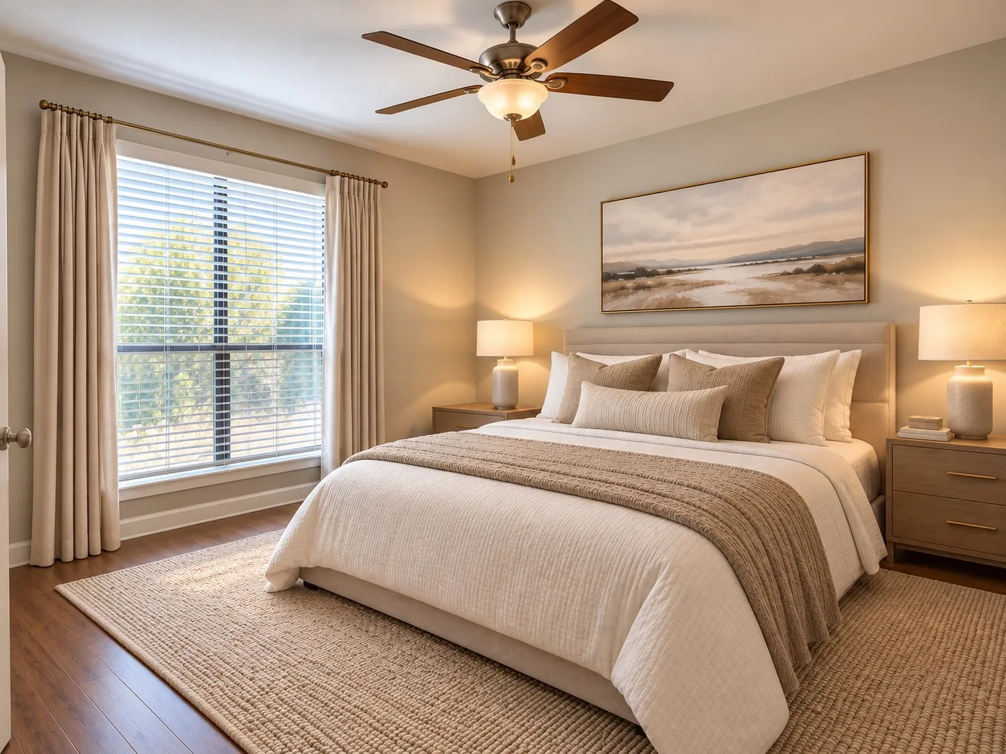 Neutral-toned bedroom featuring wood-finish flooring, a ceiling fan with integrated lighting, and a large window with floor-to-ceiling drapery