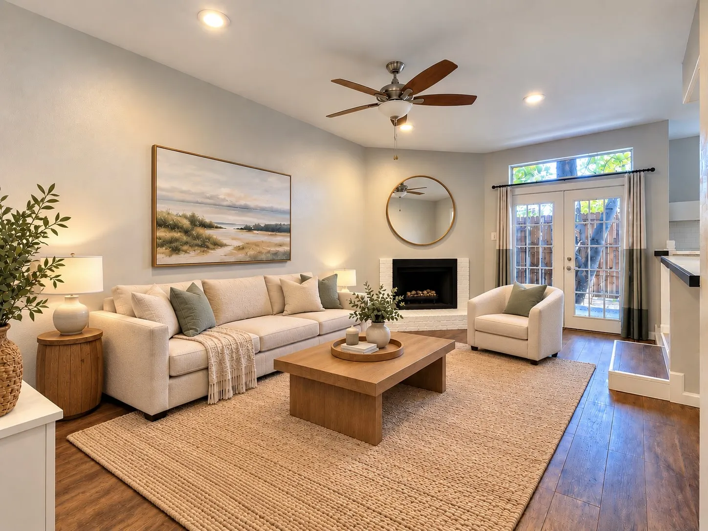 Wood-finish flooring, corner fireplace with a white masonry surround, ceiling fan with integrated lighting, recessed lighting, and glass-paneled double doors