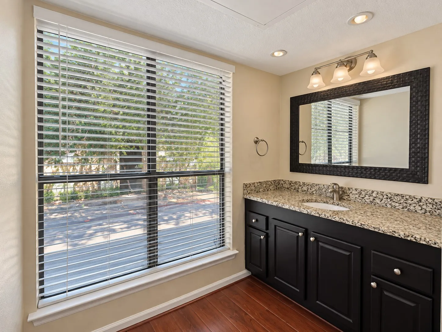 Bathroom featuring wood-finish flooring, a vanity with dark cabinetry and a stone-style countertop, an integrated sink, a framed wall mirror, and large windows with horizontal blinds