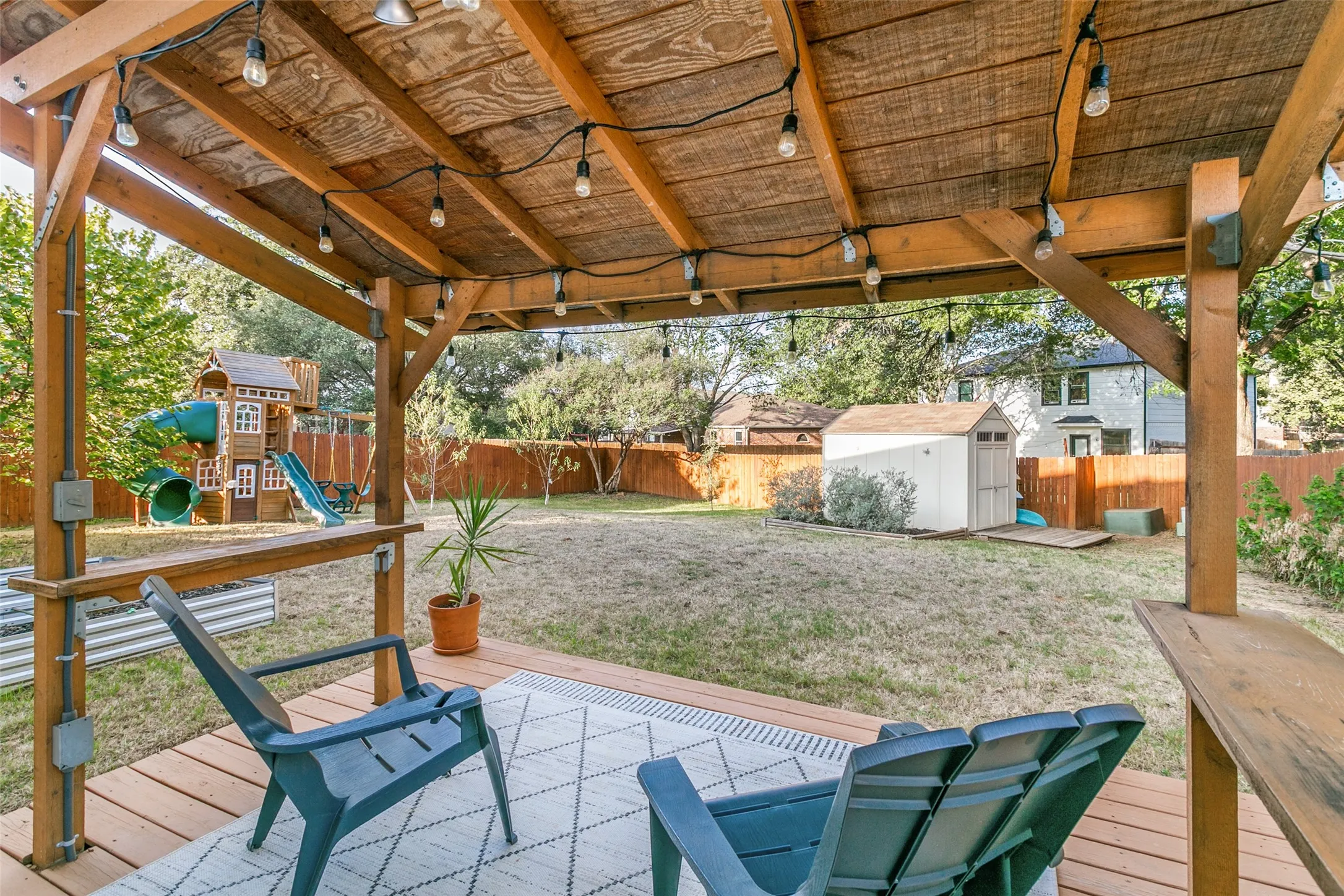 Deck with pergola view to backyard