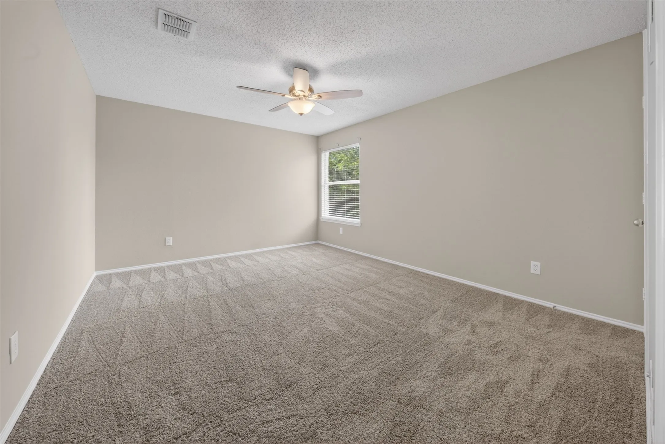 Neutral interior walls, wall-to-wall carpeting, ceiling fan with integrated lighting, and a single-pane window