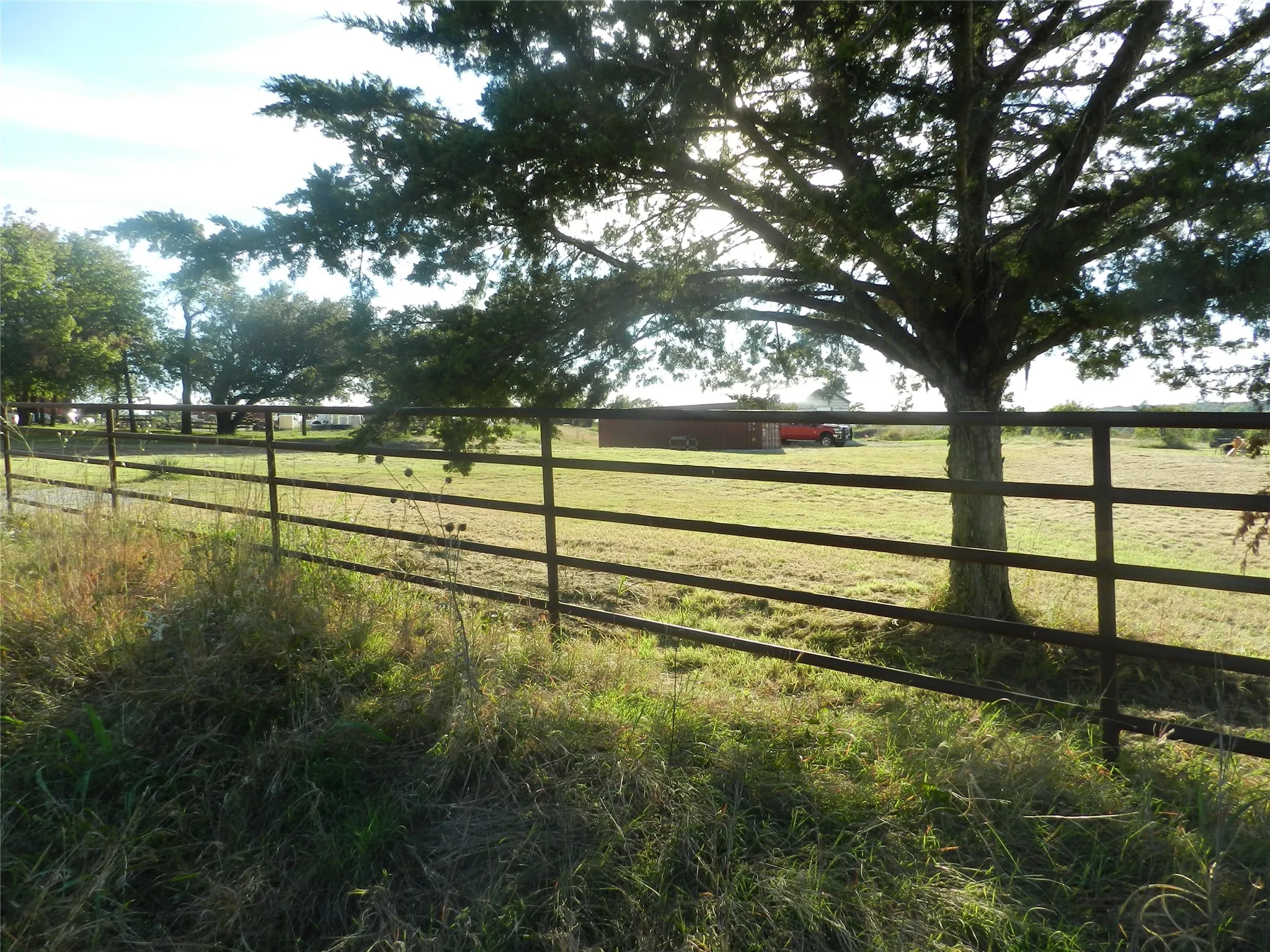 Expansive parcel featuring a metal pipe fence, mature trees, and open terrain
