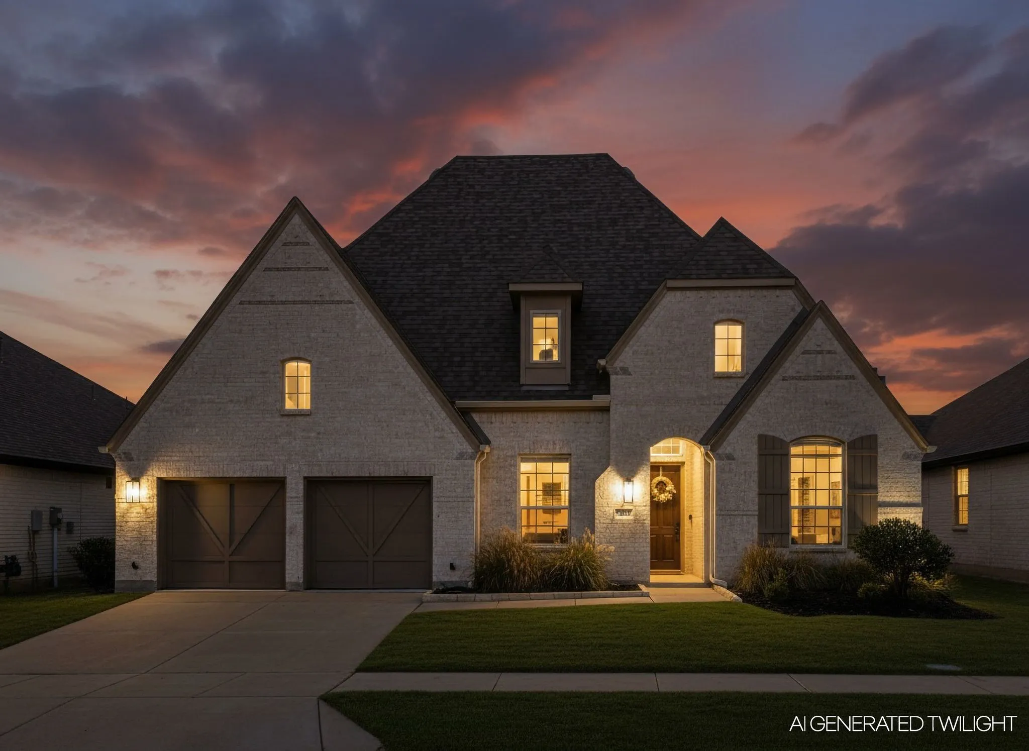 Multi-gabled exterior featuring light-toned brick masonry, double-car garage with decorative carriage-style doors, arched entryway, and multi-paned windows with shutter accents
