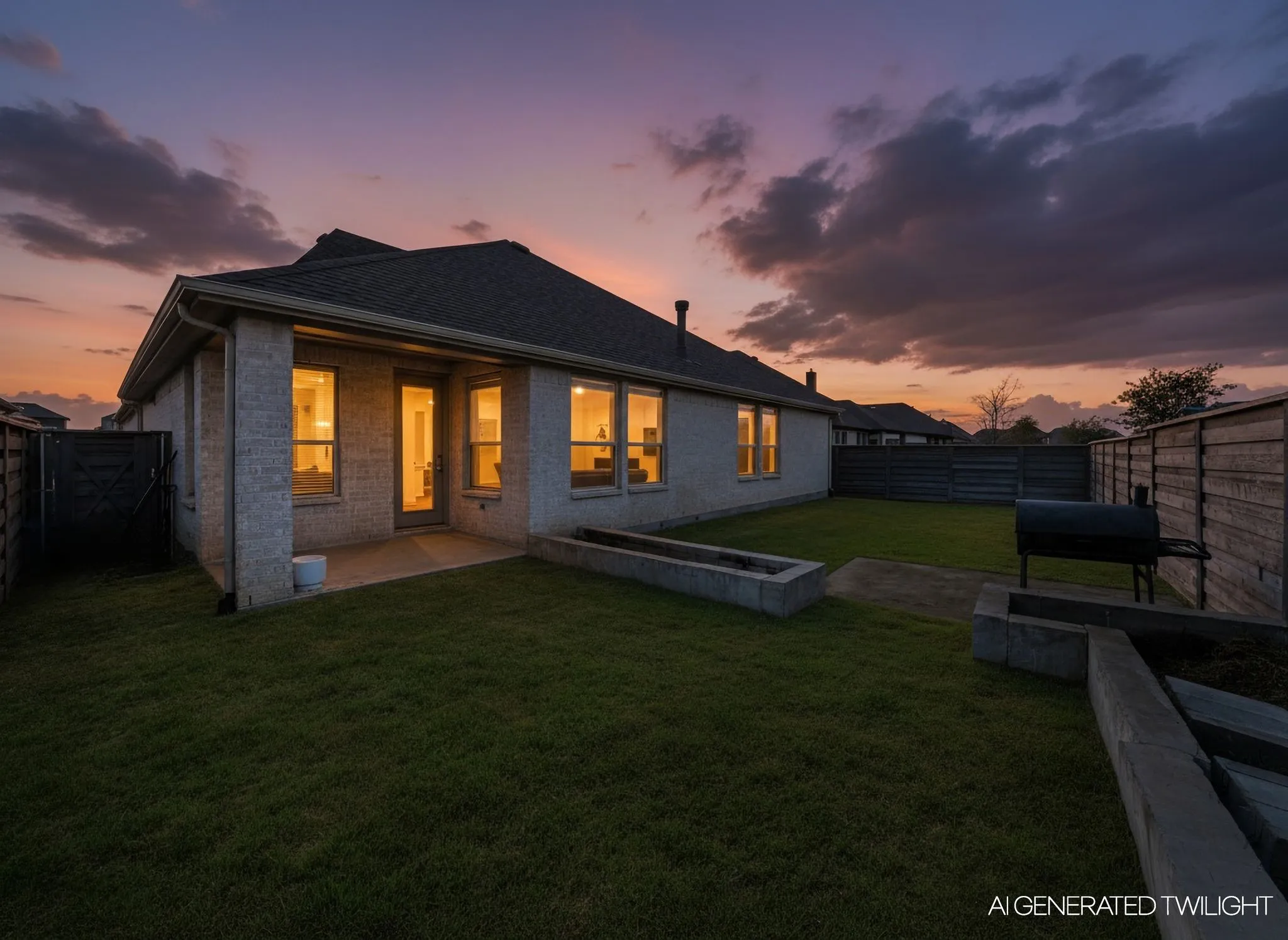 Masonry exterior with a covered rear patio, integrated concrete planters, and perimeter fencing